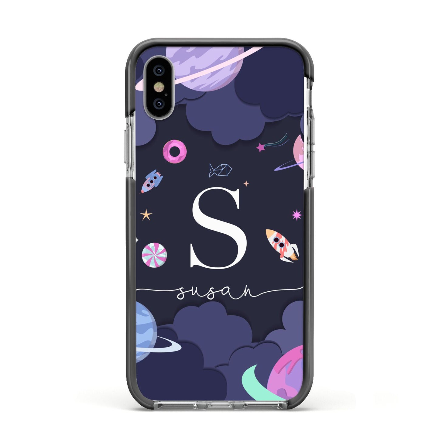Space Personalised Initial Name Apple iPhone Xs Impact Case Black Edge on Silver Phone
