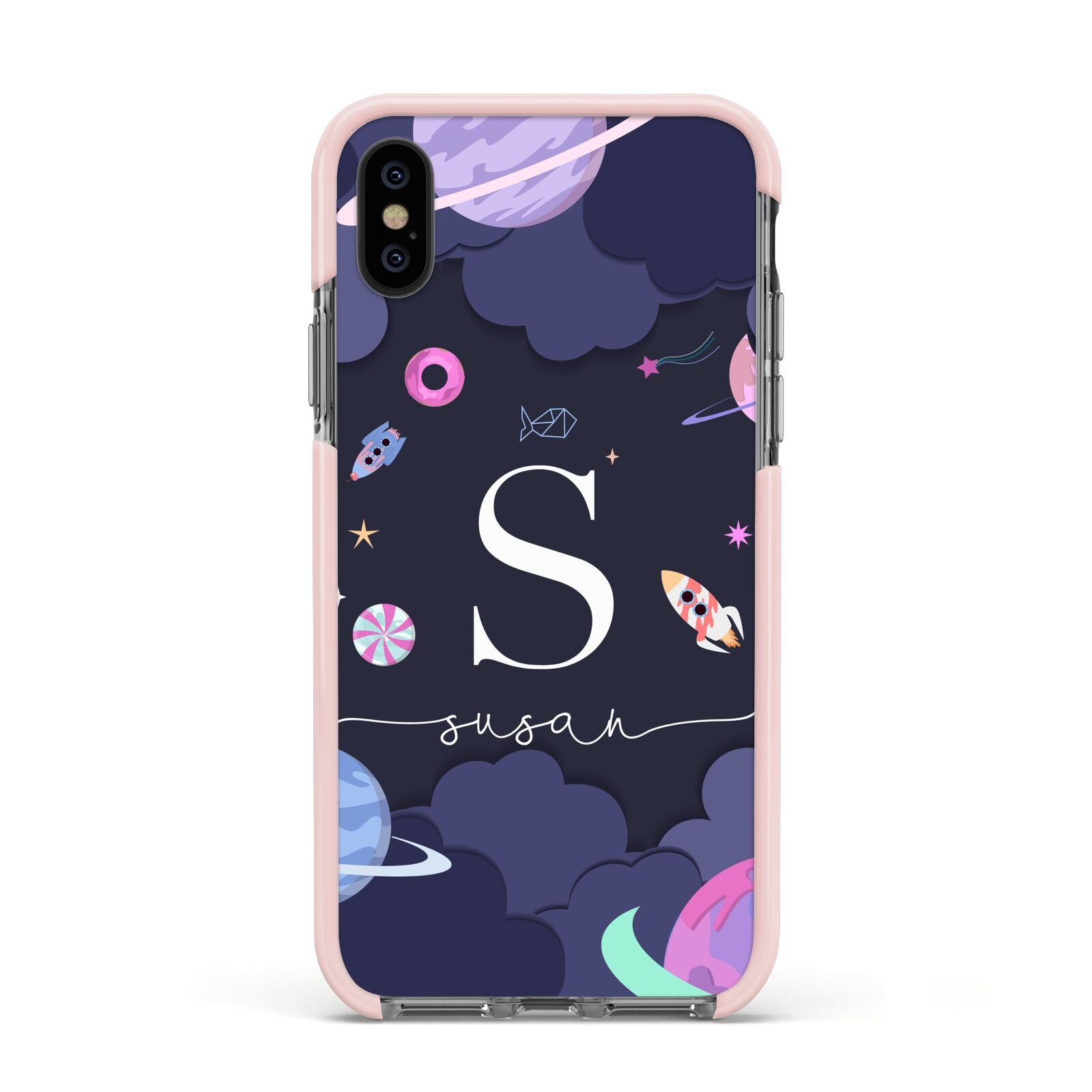 Space Personalised Initial Name Apple iPhone Xs Impact Case Pink Edge on Black Phone