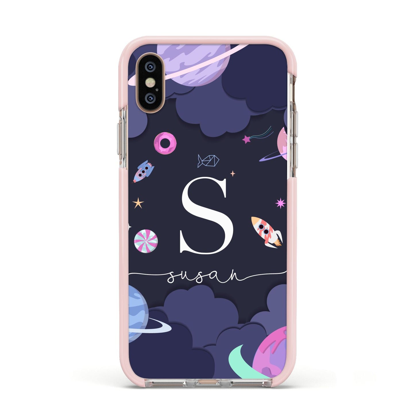 Space Personalised Initial Name Apple iPhone Xs Impact Case Pink Edge on Gold Phone