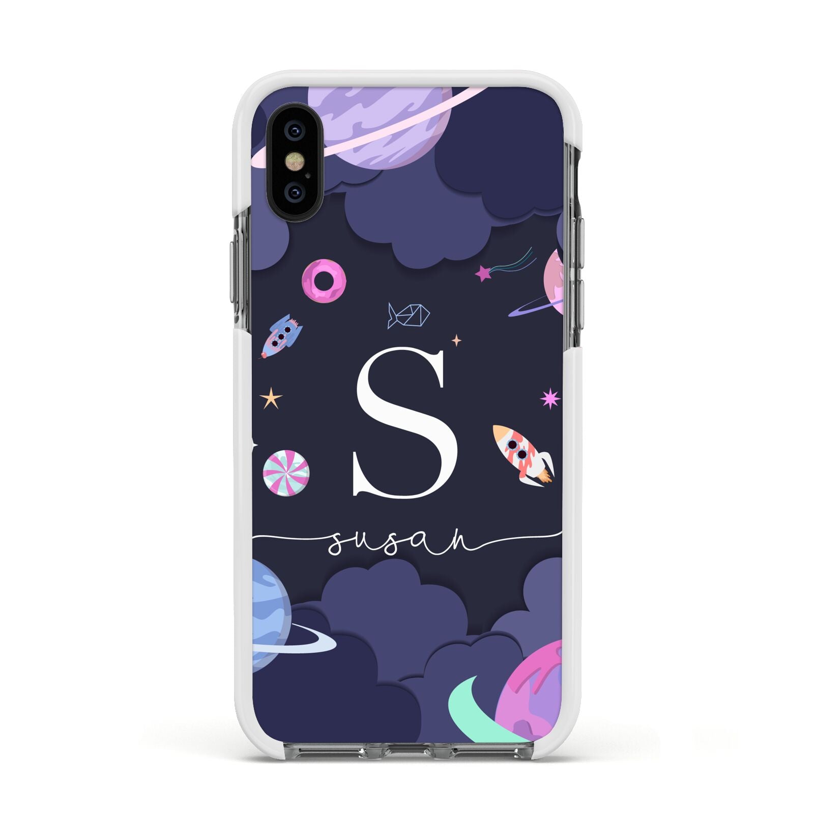 Space Personalised Initial Name Apple iPhone Xs Impact Case White Edge on Black Phone