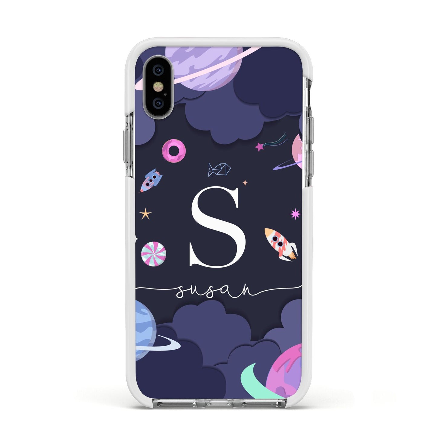 Space Personalised Initial Name Apple iPhone Xs Impact Case White Edge on Silver Phone