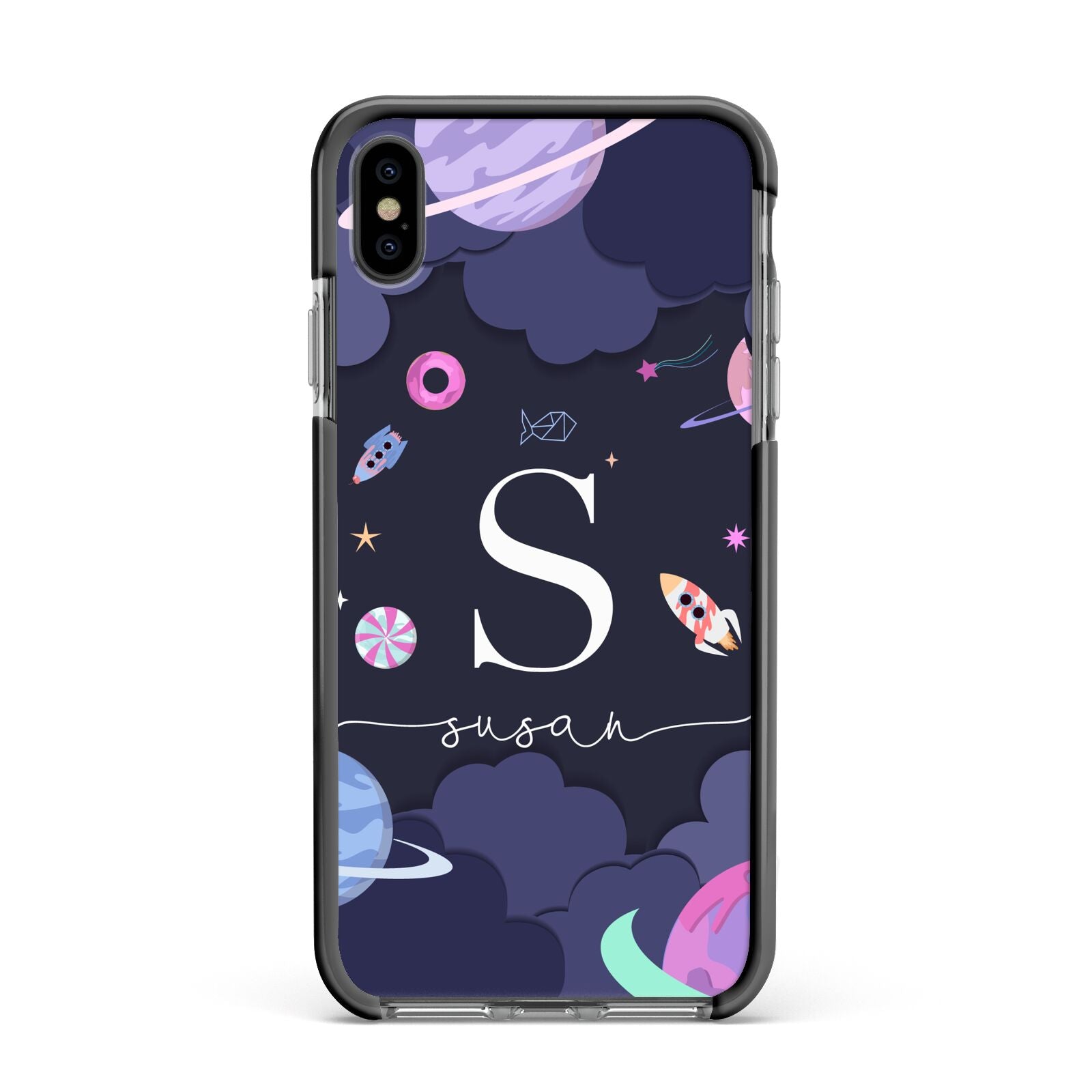 Space Personalised Initial Name Apple iPhone Xs Max Impact Case Black Edge on Black Phone