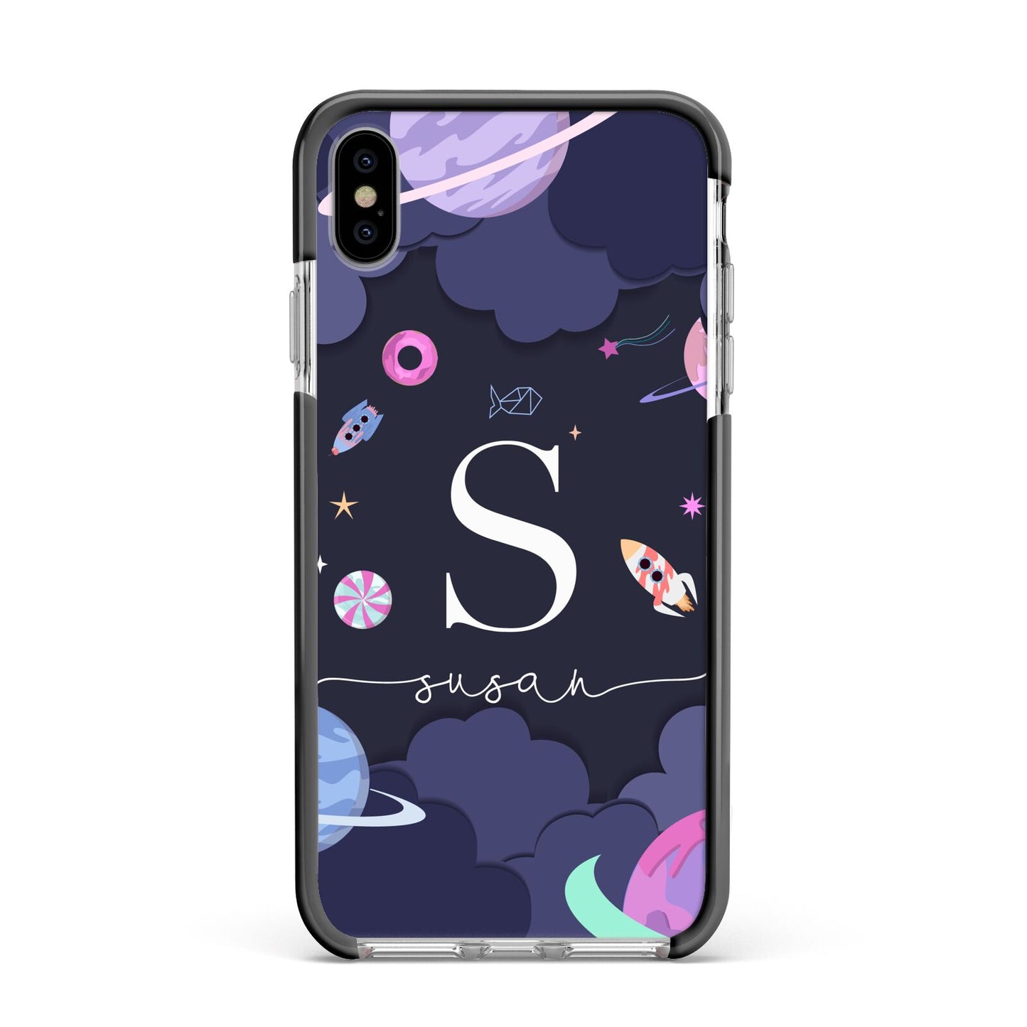 Space Personalised Initial Name Apple iPhone Xs Max Impact Case Black Edge on Silver Phone