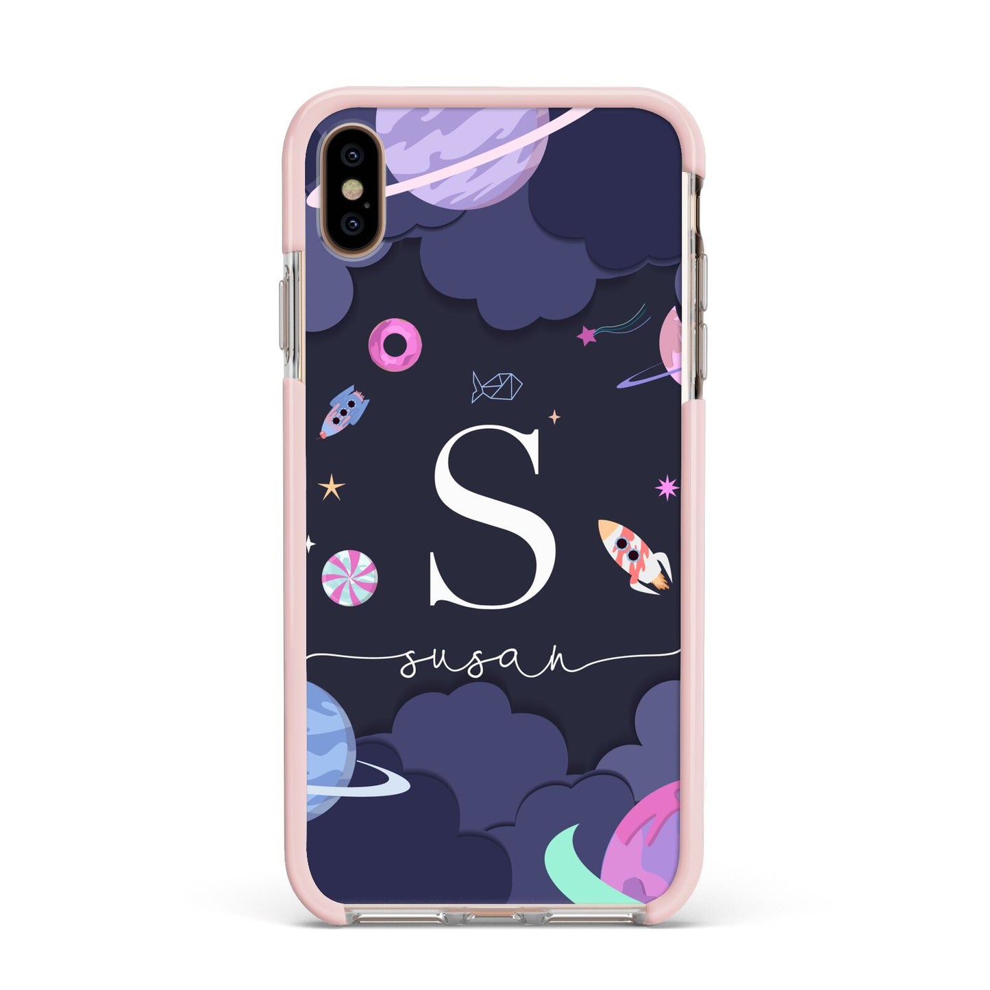 Space Personalised Initial Name Apple iPhone Xs Max Impact Case Pink Edge on Gold Phone