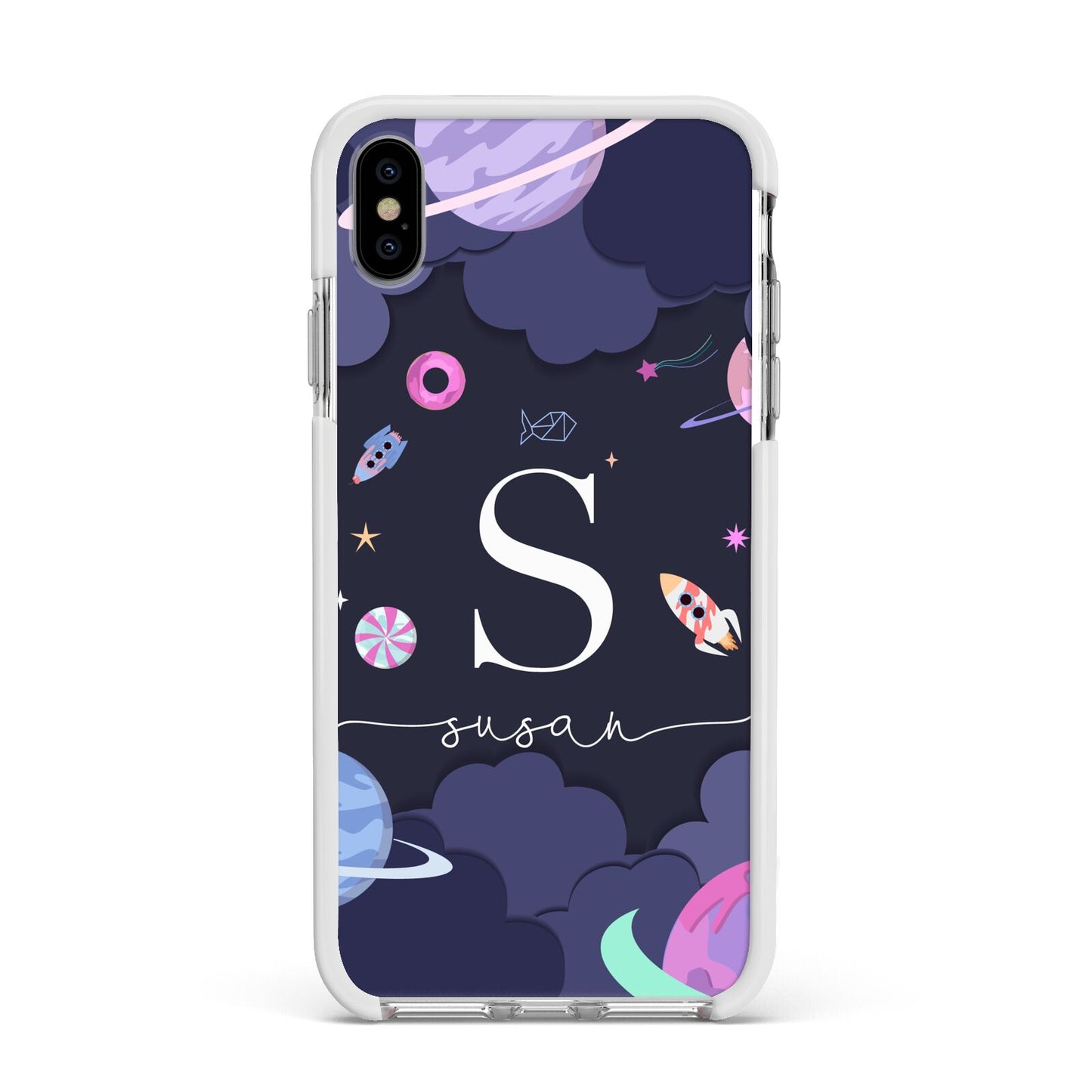 Space Personalised Initial Name Apple iPhone Xs Max Impact Case White Edge on Silver Phone