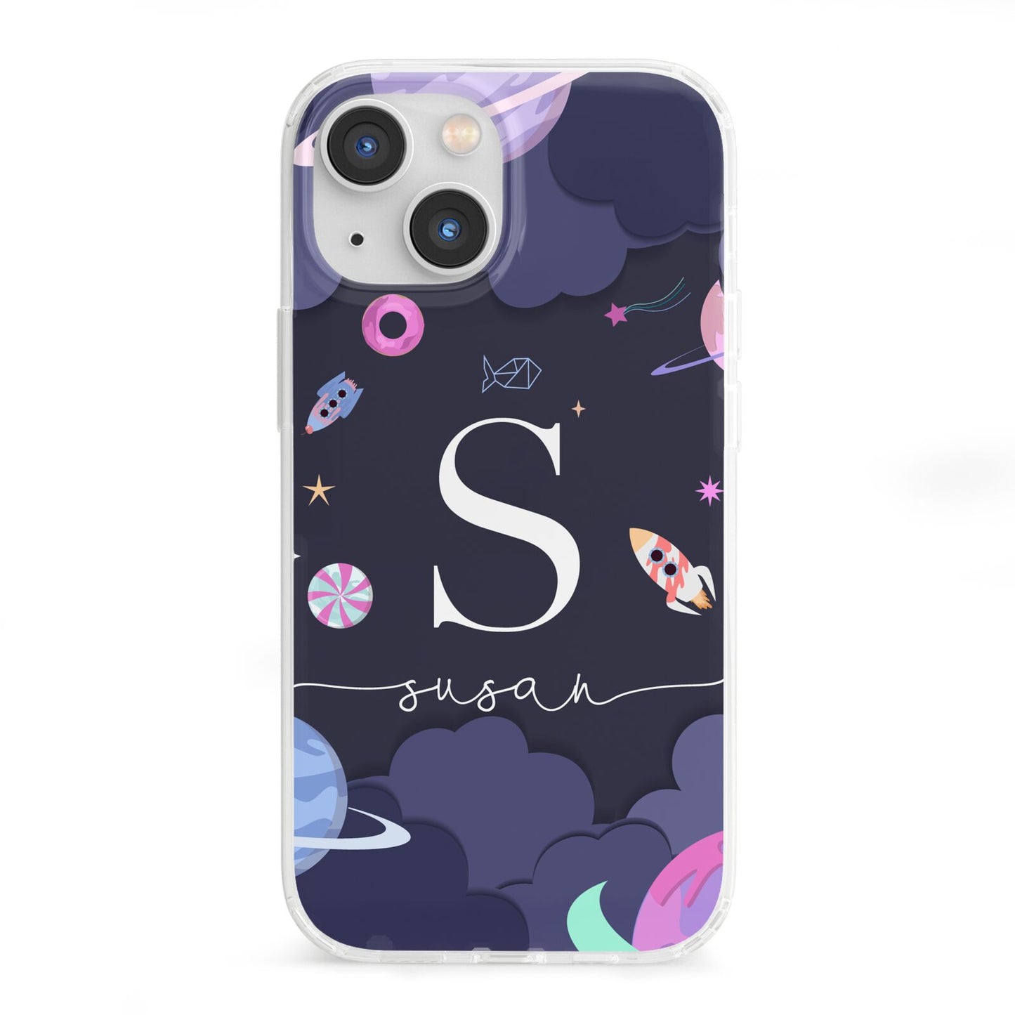 Space Personalised Initial Name iPhone 13 Mini Clear Bumper Case