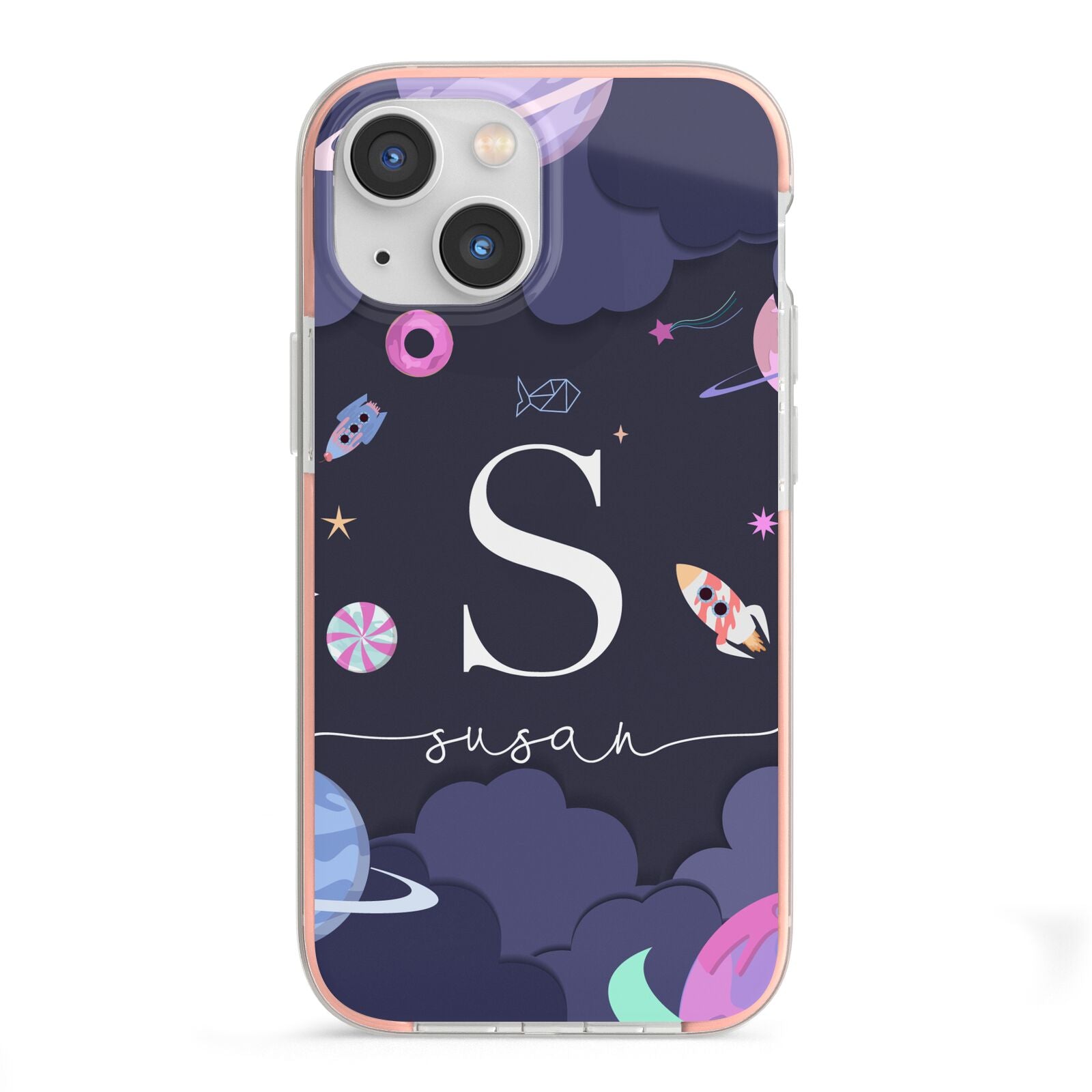 Space Personalised Initial Name iPhone 13 Mini TPU Impact Case with Pink Edges