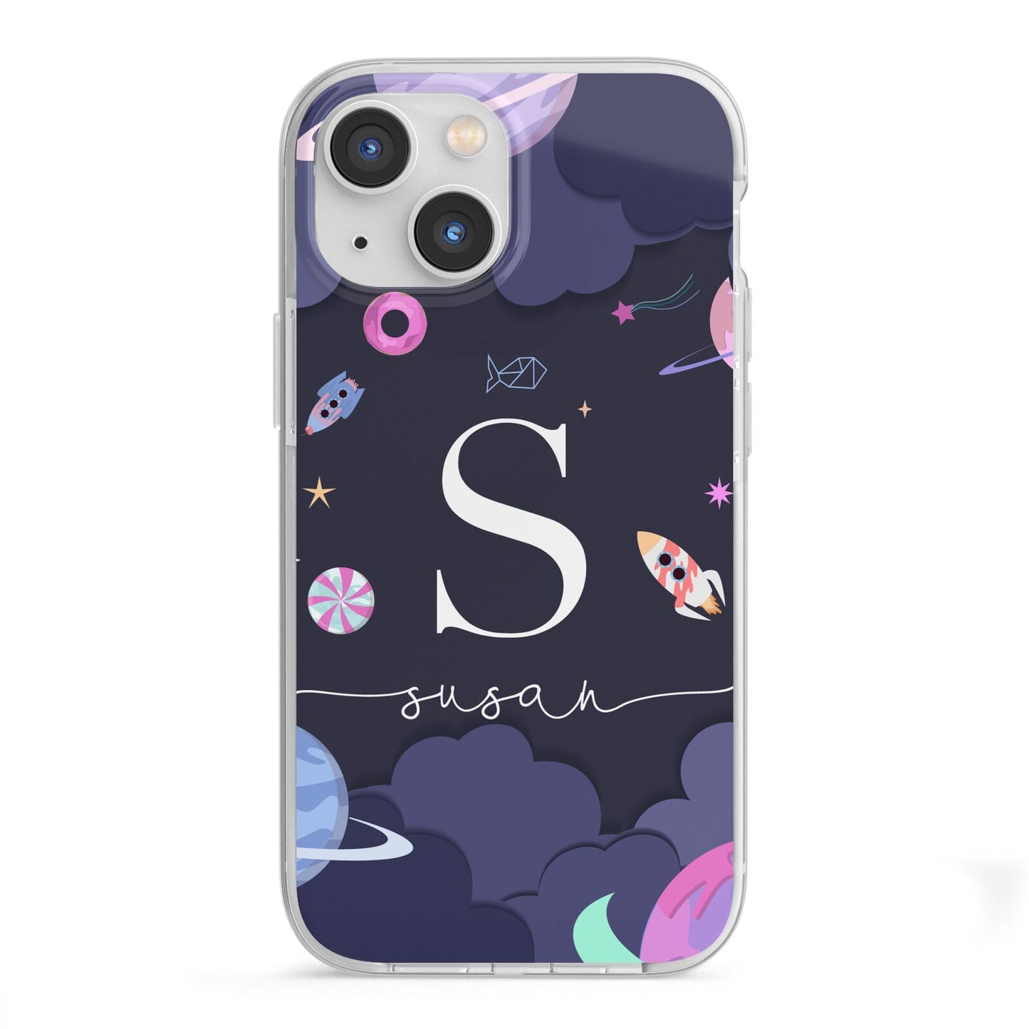 Space Personalised Initial Name iPhone 13 Mini TPU Impact Case with White Edges