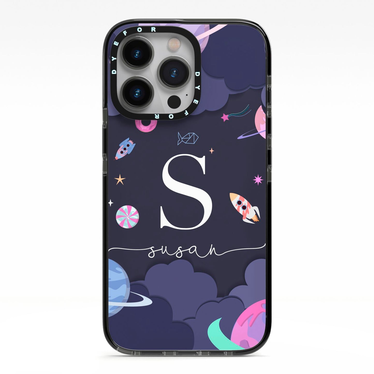Space Personalised Initial Name iPhone 13 Pro Black Impact Case on Silver phone