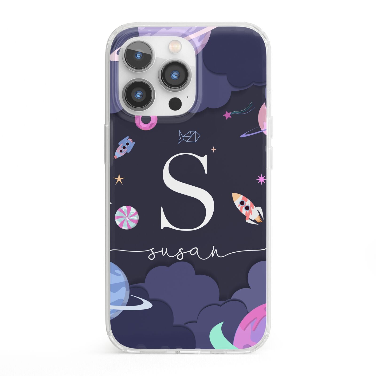 Space Personalised Initial Name iPhone 13 Pro Clear Bumper Case
