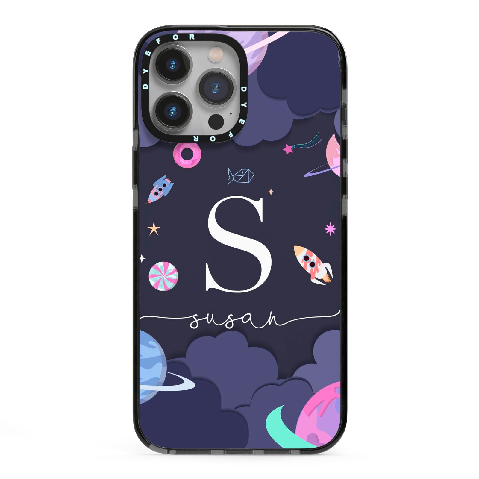 Space Personalised Initial Name iPhone 13 Pro Max Black Impact Case on Silver phone