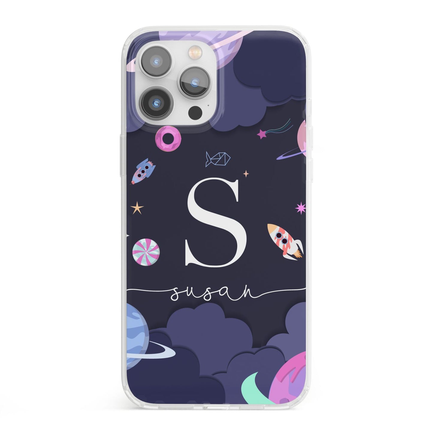 Space Personalised Initial Name iPhone 13 Pro Max Clear Bumper Case