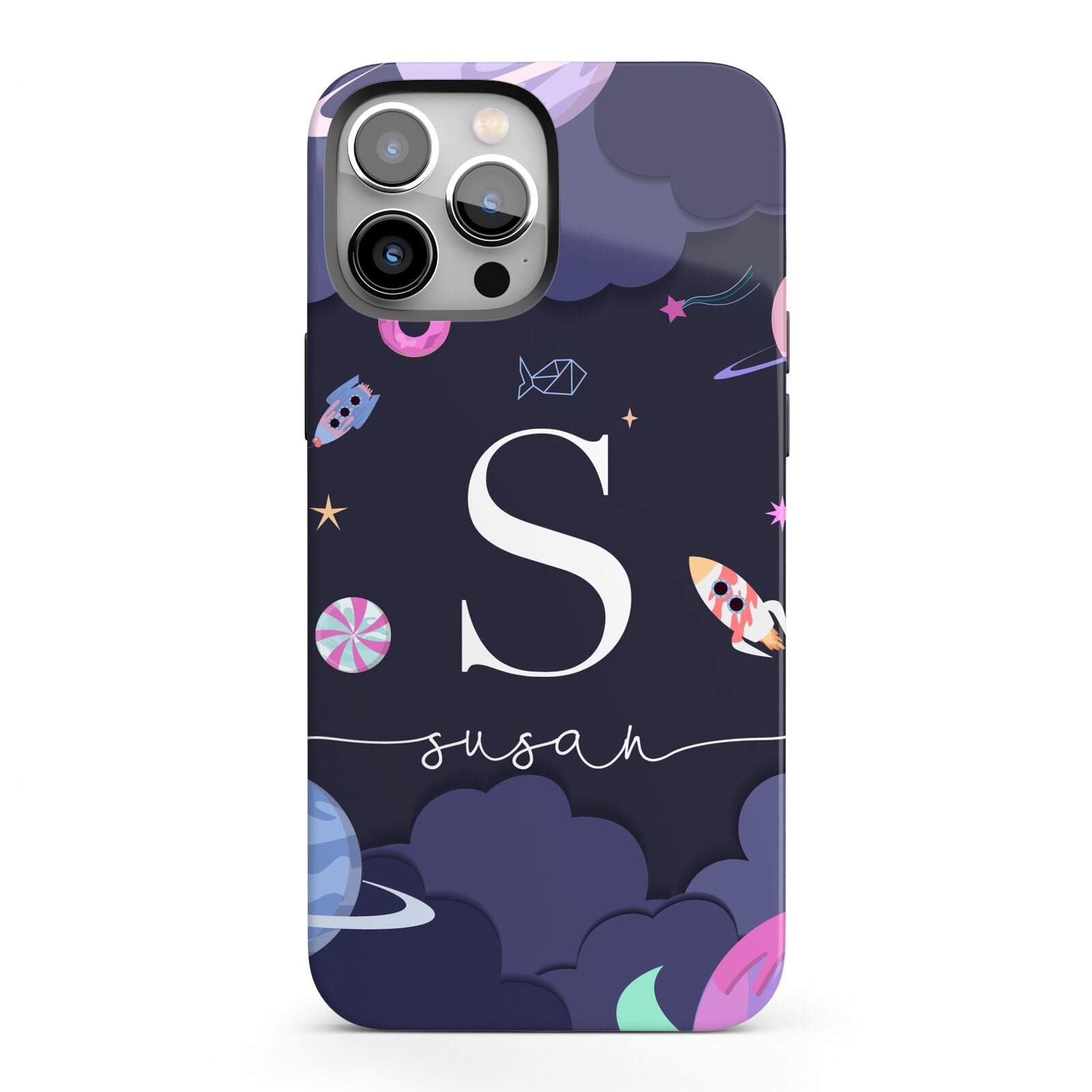 Space Personalised Initial Name iPhone 13 Pro Max Full Wrap 3D Tough Case