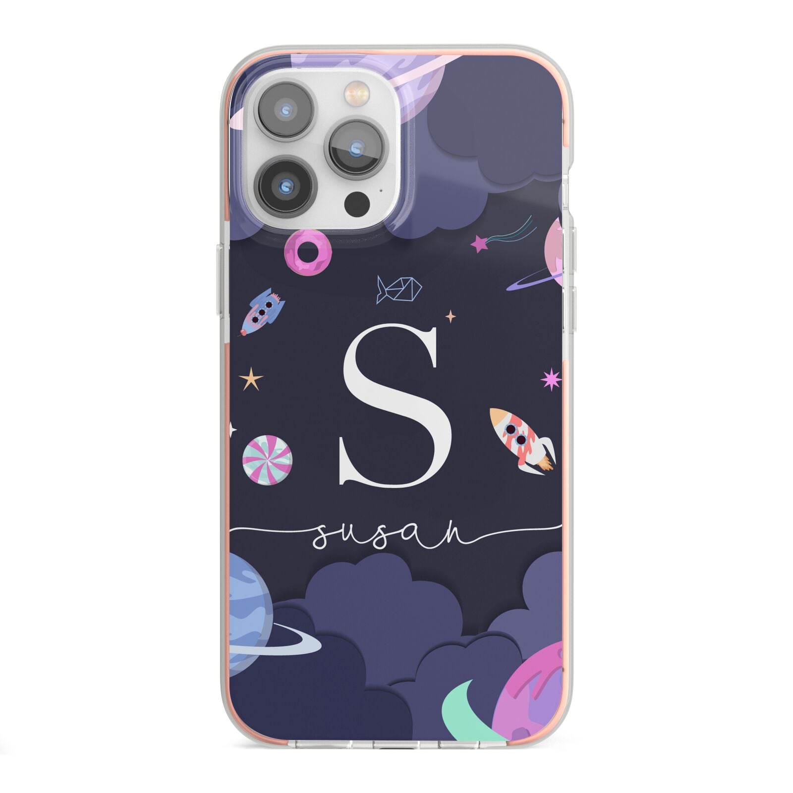 Space Personalised Initial Name iPhone 13 Pro Max TPU Impact Case with Pink Edges