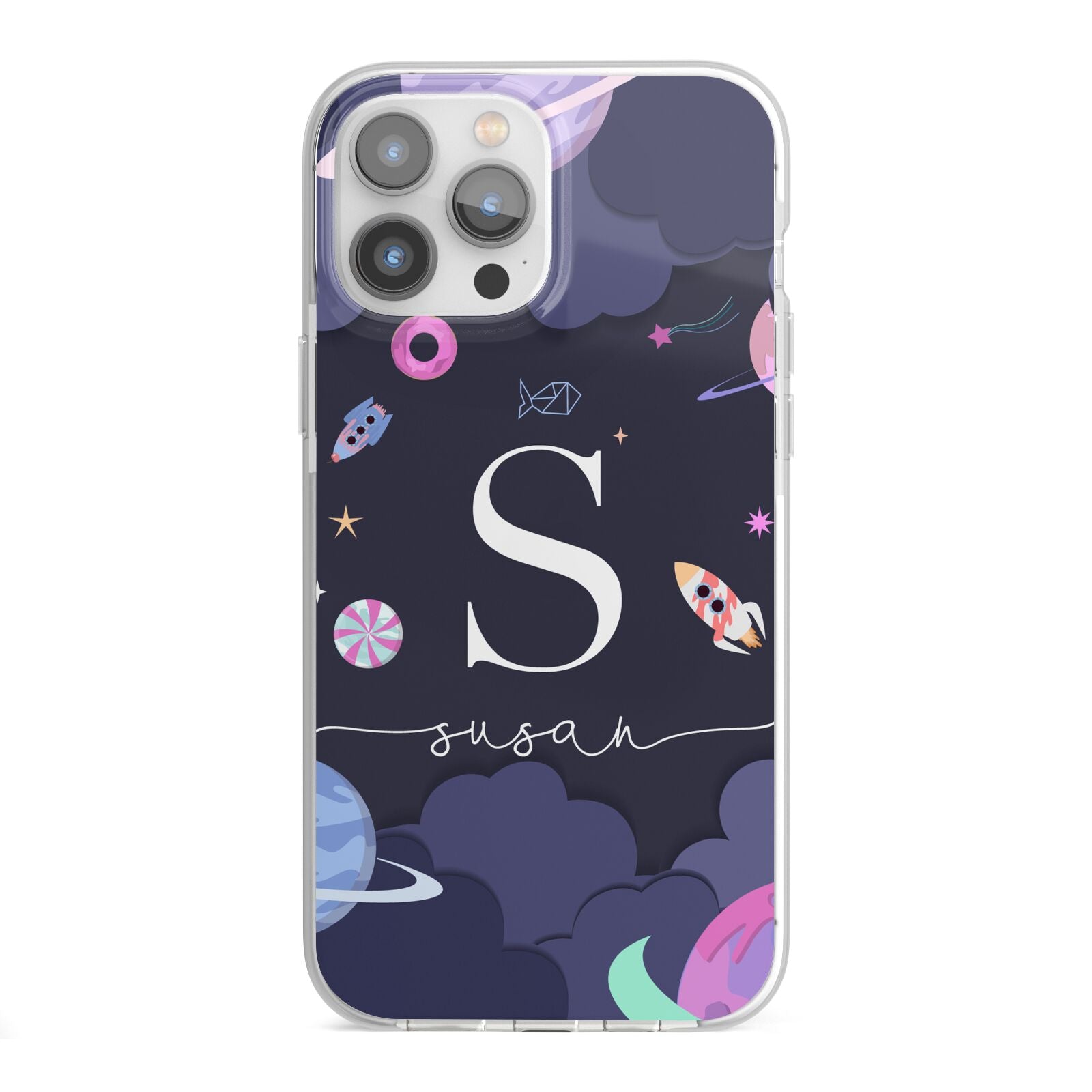 Space Personalised Initial Name iPhone 13 Pro Max TPU Impact Case with White Edges