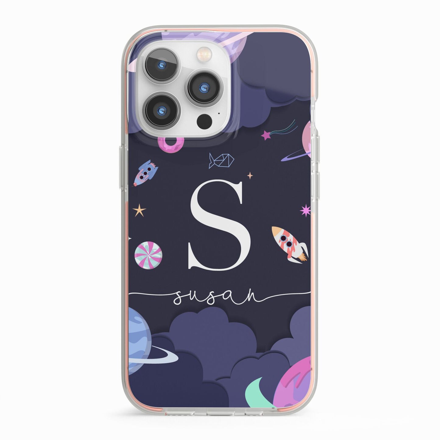 Space Personalised Initial Name iPhone 13 Pro TPU Impact Case with Pink Edges
