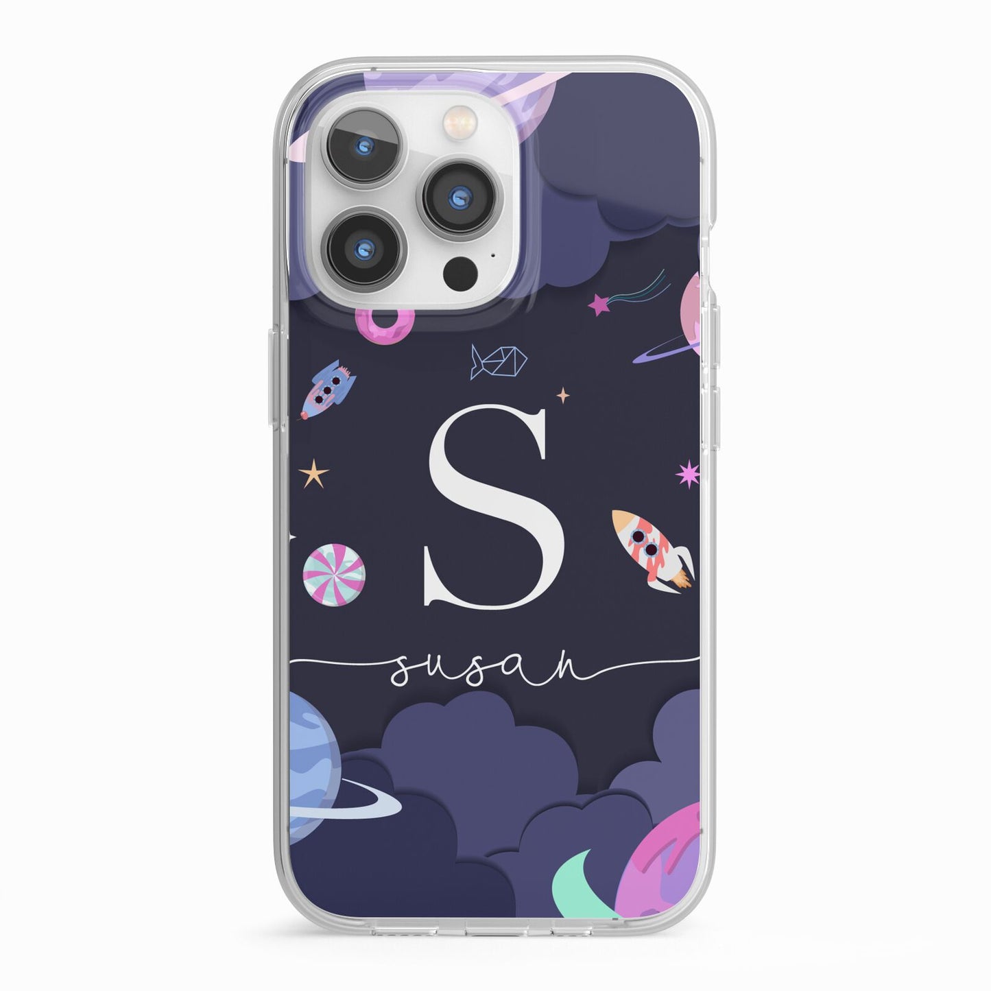 Space Personalised Initial Name iPhone 13 Pro TPU Impact Case with White Edges