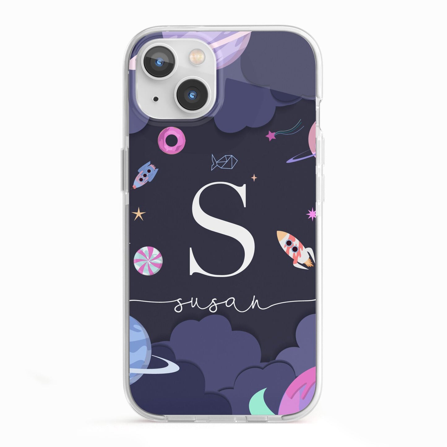 Space Personalised Initial Name iPhone 13 TPU Impact Case with White Edges