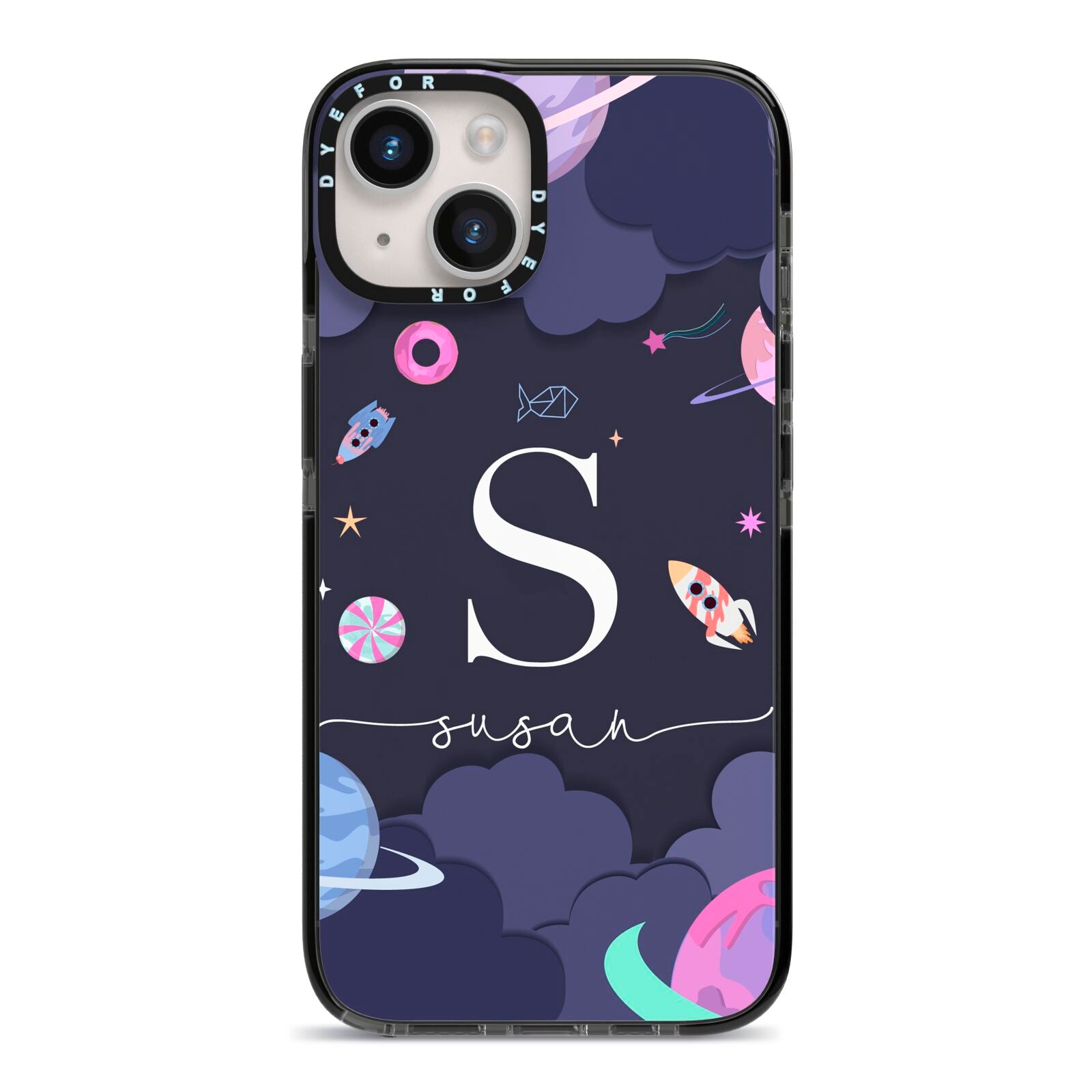 Space Personalised Initial Name iPhone 14 Black Impact Case on Silver phone