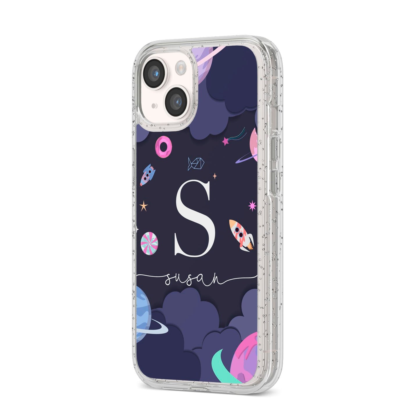 Space Personalised Initial Name iPhone 14 Glitter Tough Case Starlight Angled Image