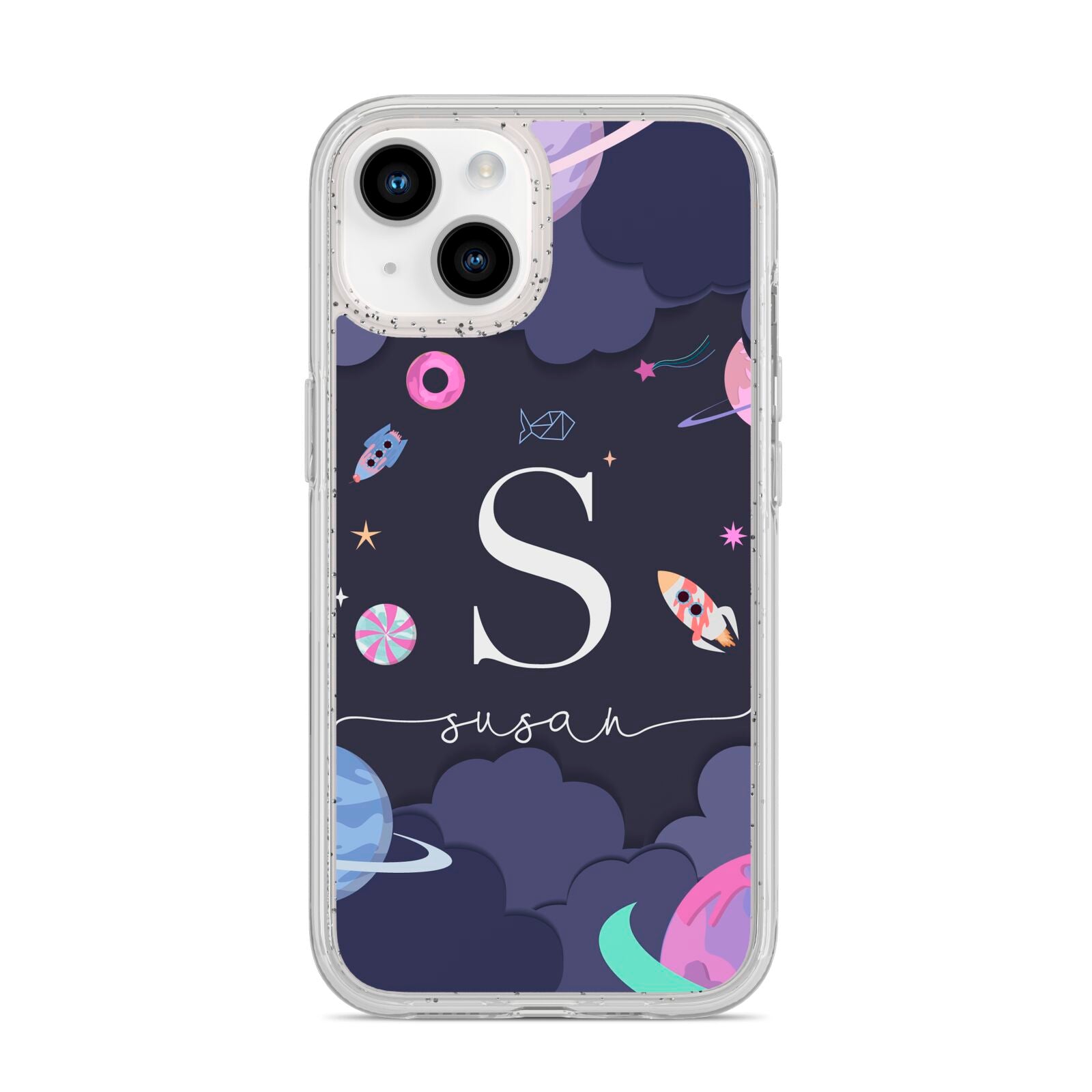 Space Personalised Initial Name iPhone 14 Glitter Tough Case Starlight