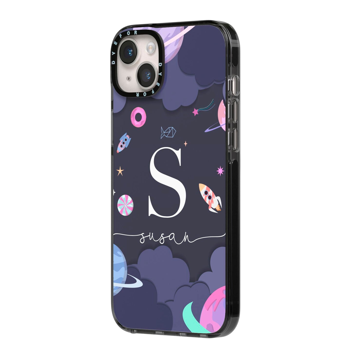 Space Personalised Initial Name iPhone 14 Plus Black Impact Case Side Angle on Silver phone