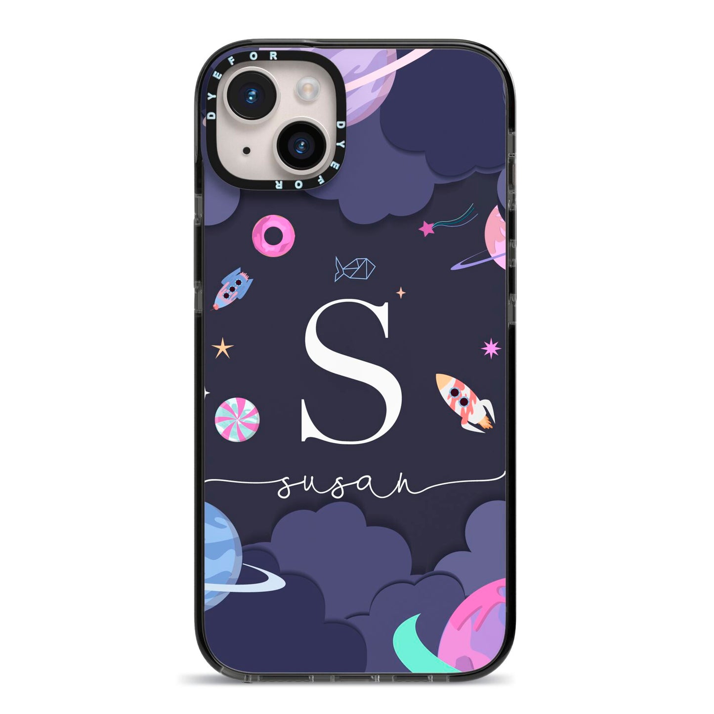 Space Personalised Initial Name iPhone 14 Plus Black Impact Case on Silver phone
