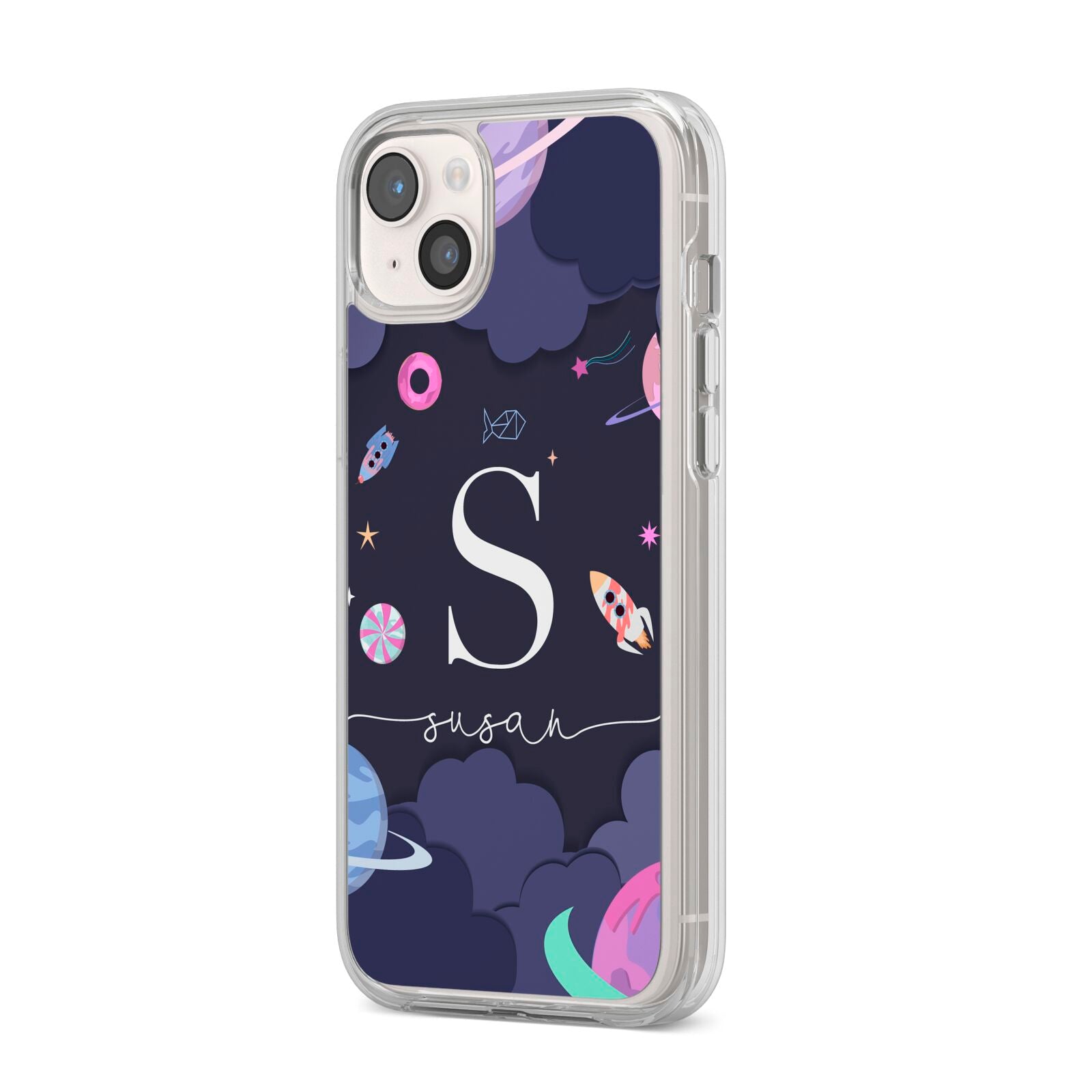 Space Personalised Initial Name iPhone 14 Plus Clear Tough Case Starlight Angled Image