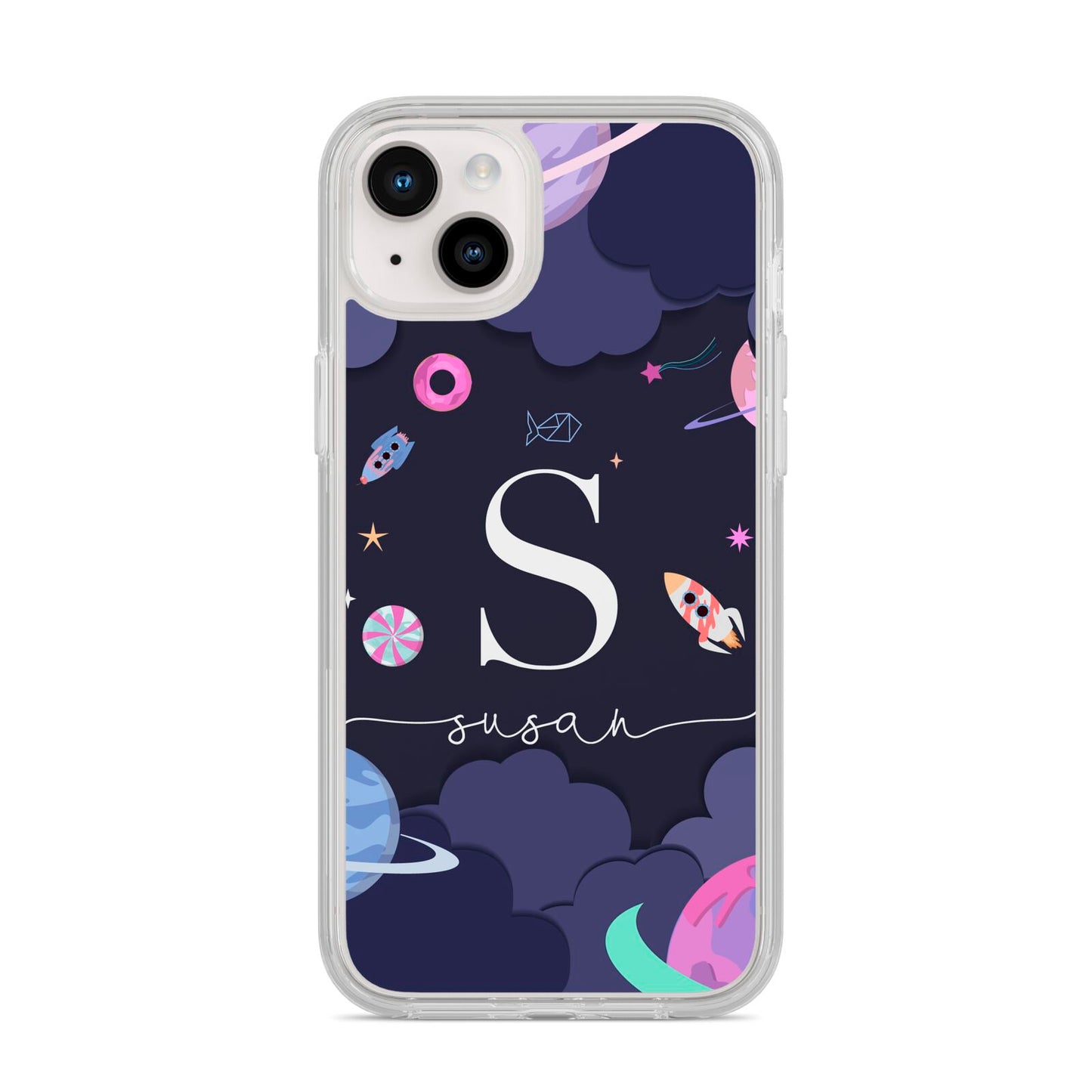 Space Personalised Initial Name iPhone 14 Plus Clear Tough Case Starlight