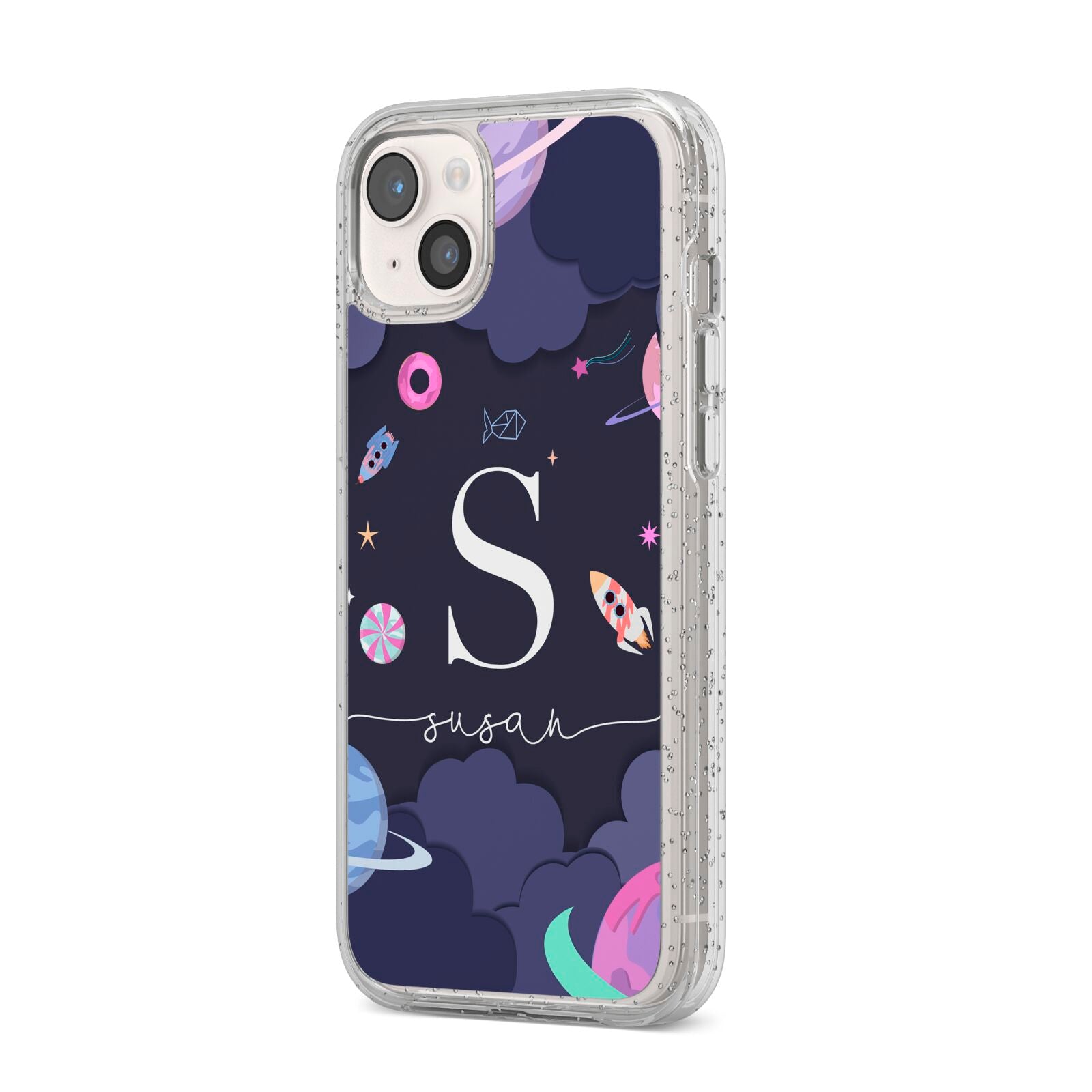 Space Personalised Initial Name iPhone 14 Plus Glitter Tough Case Starlight Angled Image