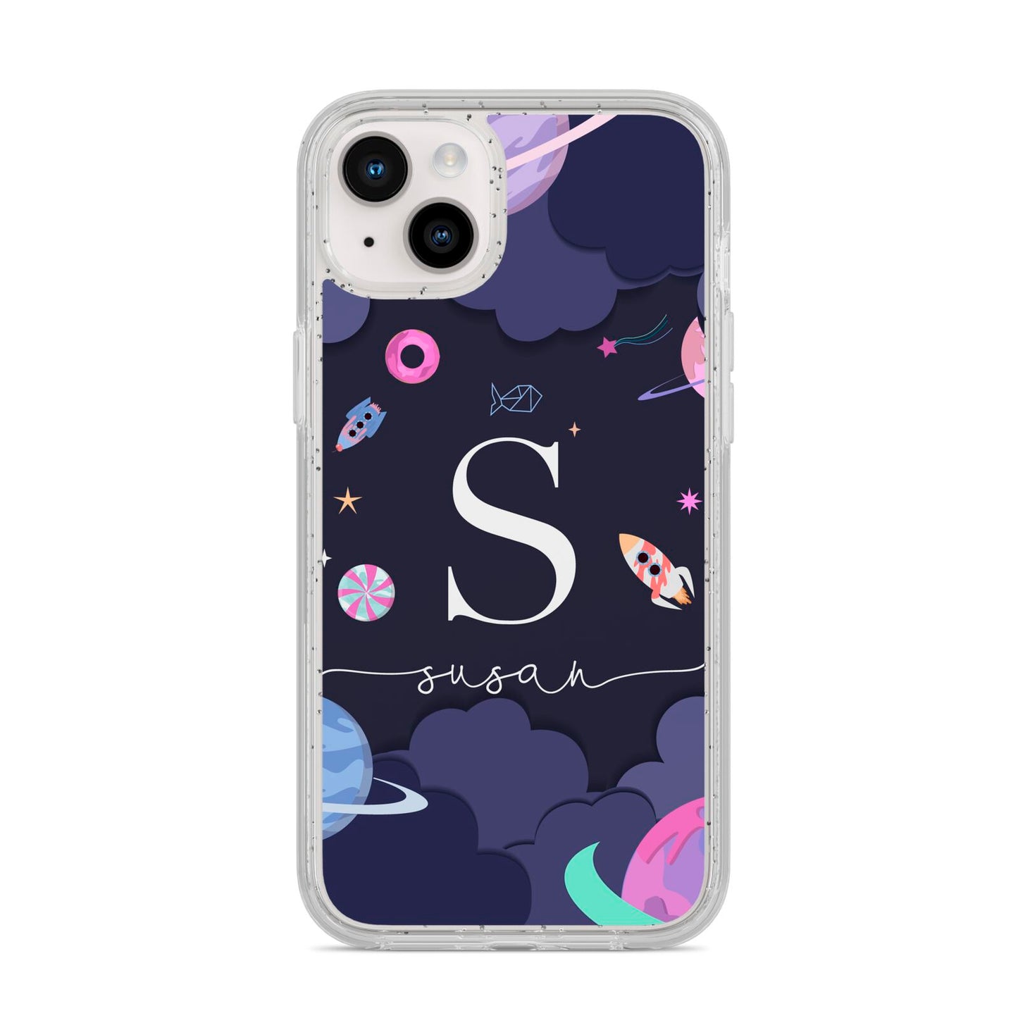 Space Personalised Initial Name iPhone 14 Plus Glitter Tough Case Starlight