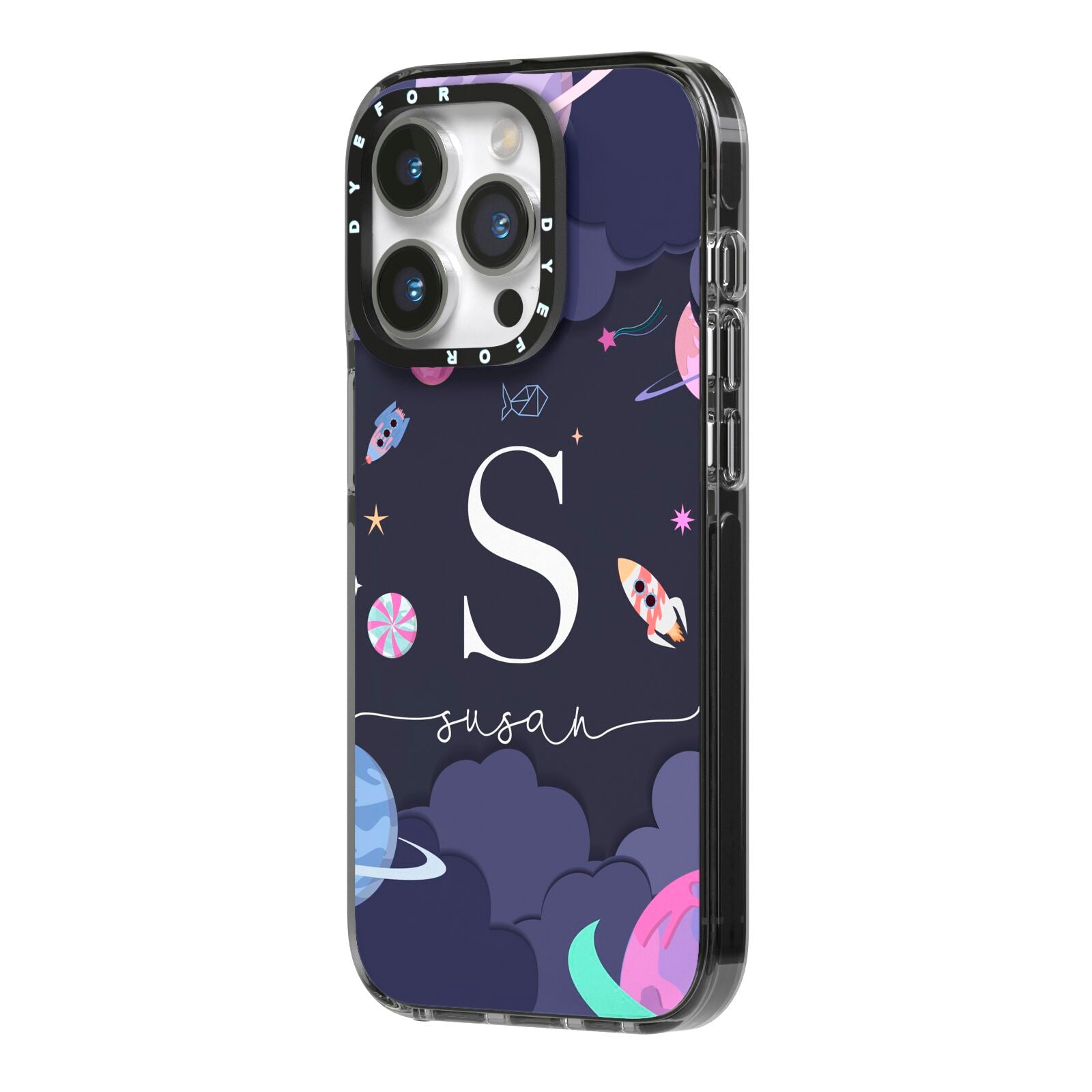Space Personalised Initial Name iPhone 14 Pro Black Impact Case Side Angle on Silver phone