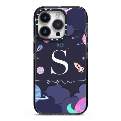 Space Personalised Initial Name iPhone 14 Pro Black Impact Case on Silver phone