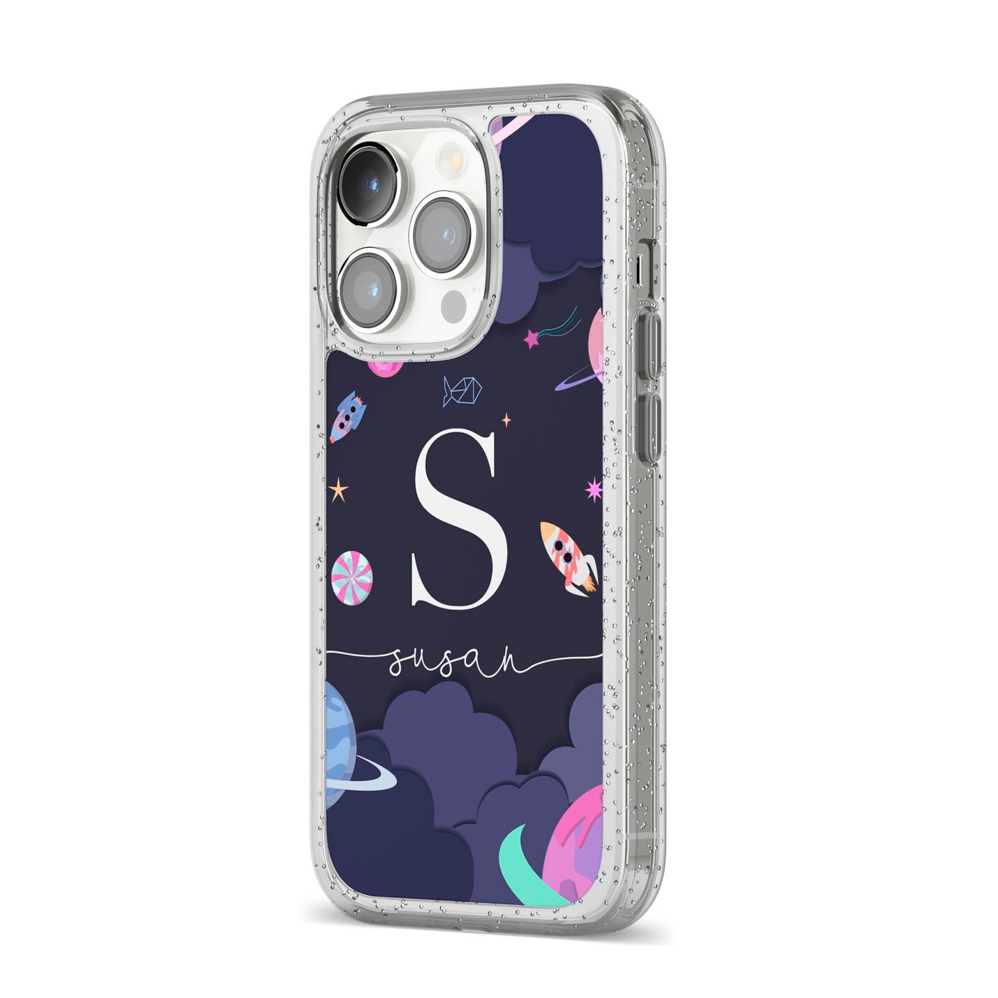 Space Personalised Initial Name iPhone 14 Pro Glitter Tough Case Silver Angled Image
