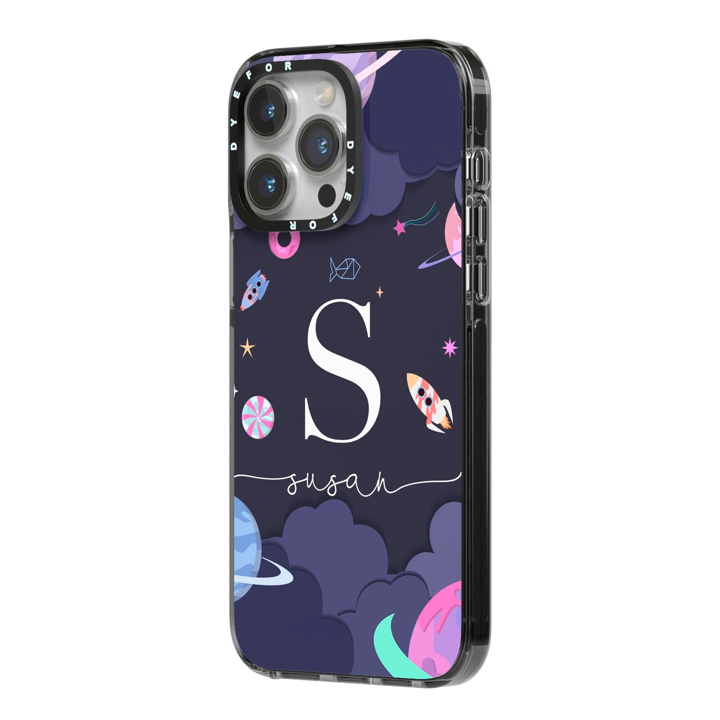 Space Personalised Initial Name iPhone 14 Pro Max Black Impact Case Side Angle on Silver phone