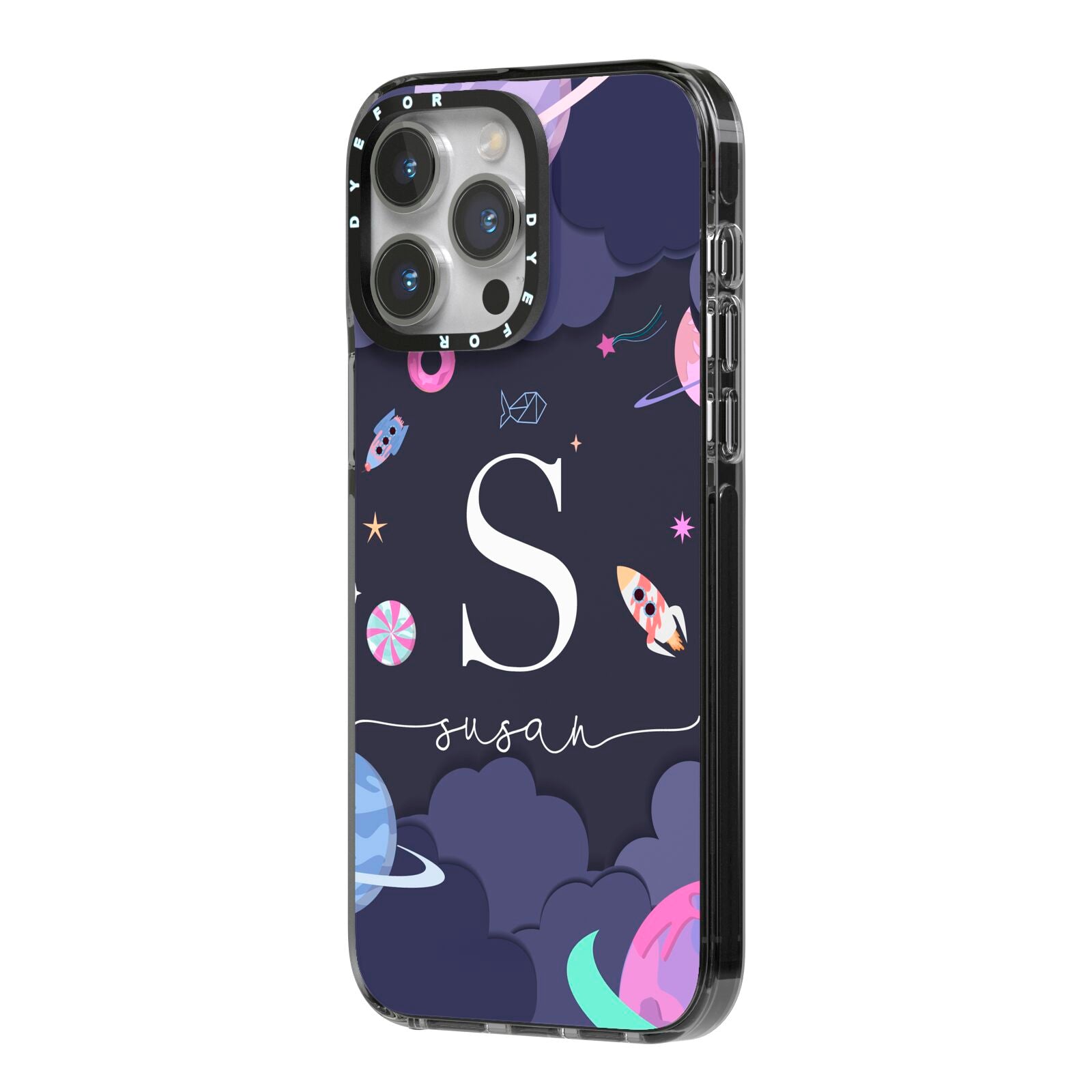 Space Personalised Initial Name iPhone 14 Pro Max Black Impact Case Side Angle on Silver phone