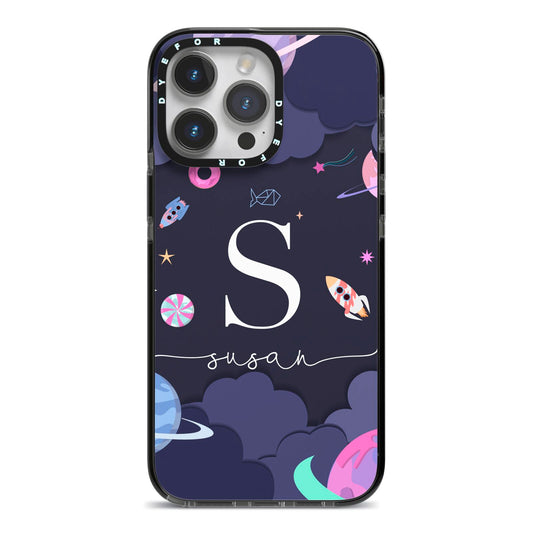 Space Personalised Initial Name iPhone 14 Pro Max Black Impact Case on Silver phone