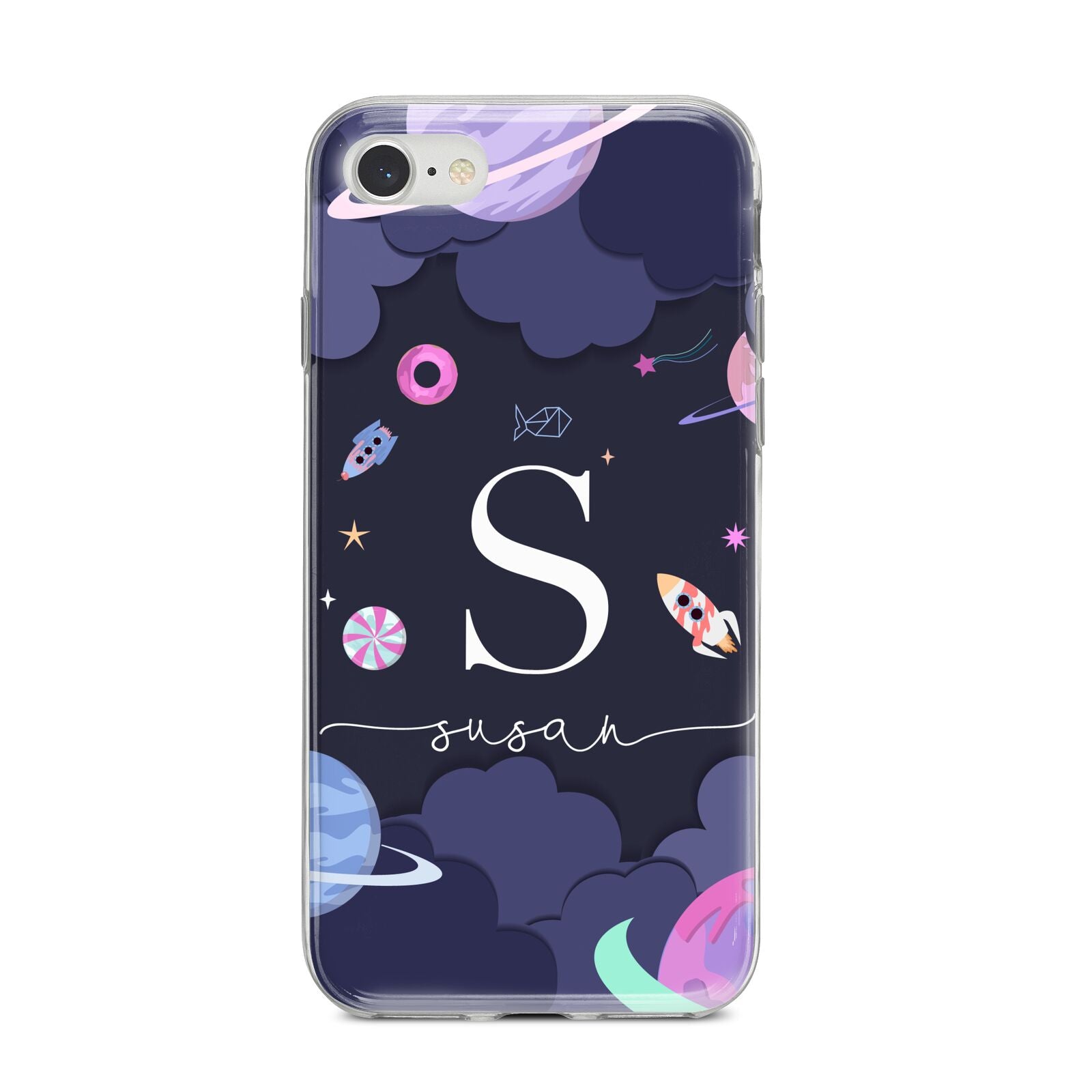 Space Personalised Initial Name iPhone 8 Bumper Case on Silver iPhone