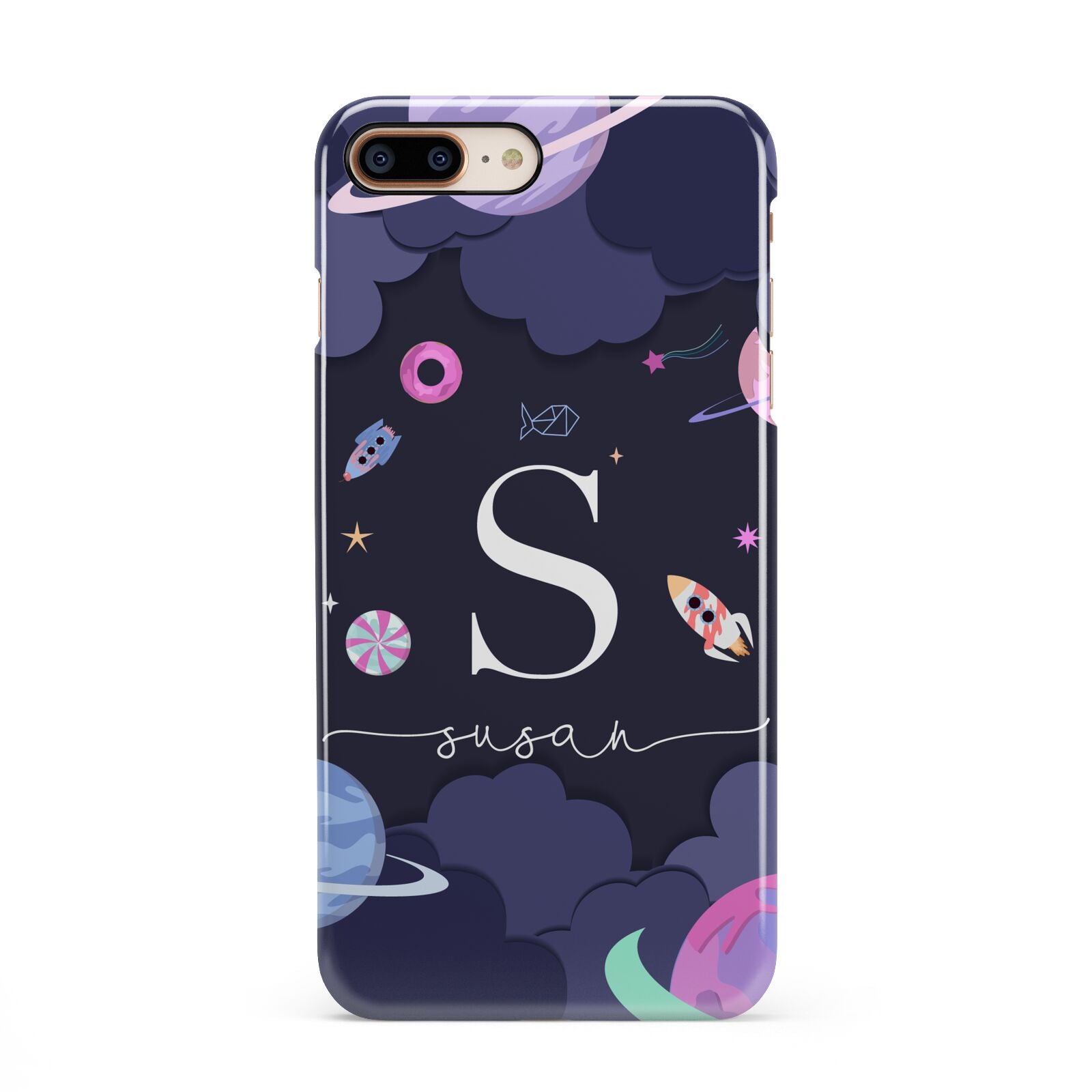 Space Personalised Initial Name iPhone 8 Plus 3D Snap Case on Gold Phone