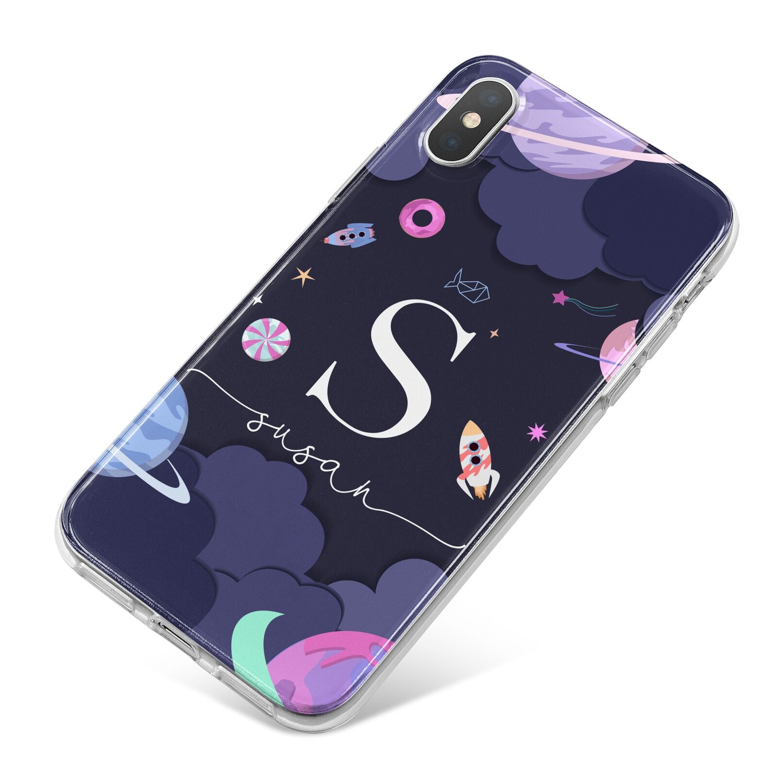 Space Personalised Initial Name iPhone X Bumper Case on Silver iPhone