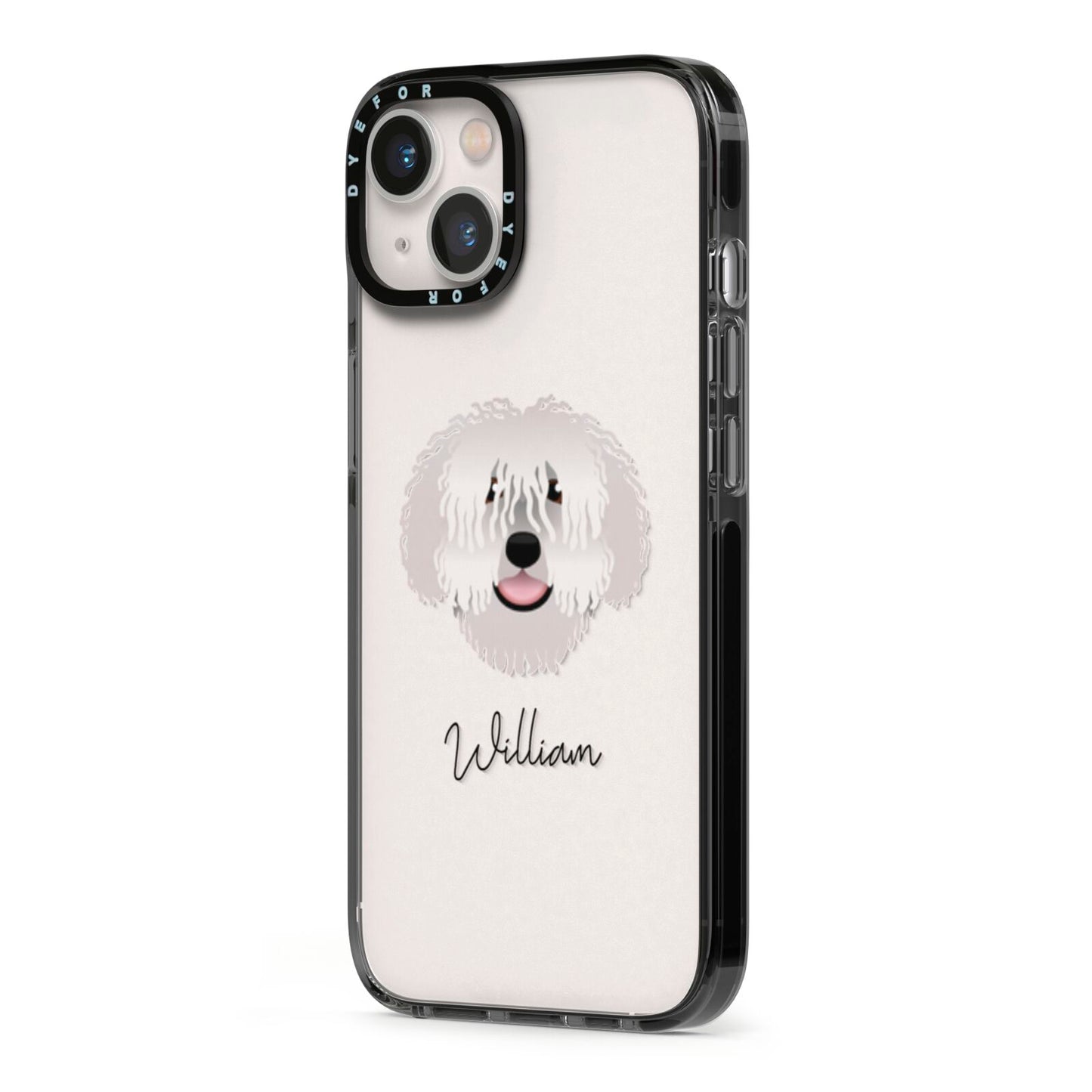 Spanish Water Dog Personalised iPhone 13 Black Impact Case Side Angle on Silver phone