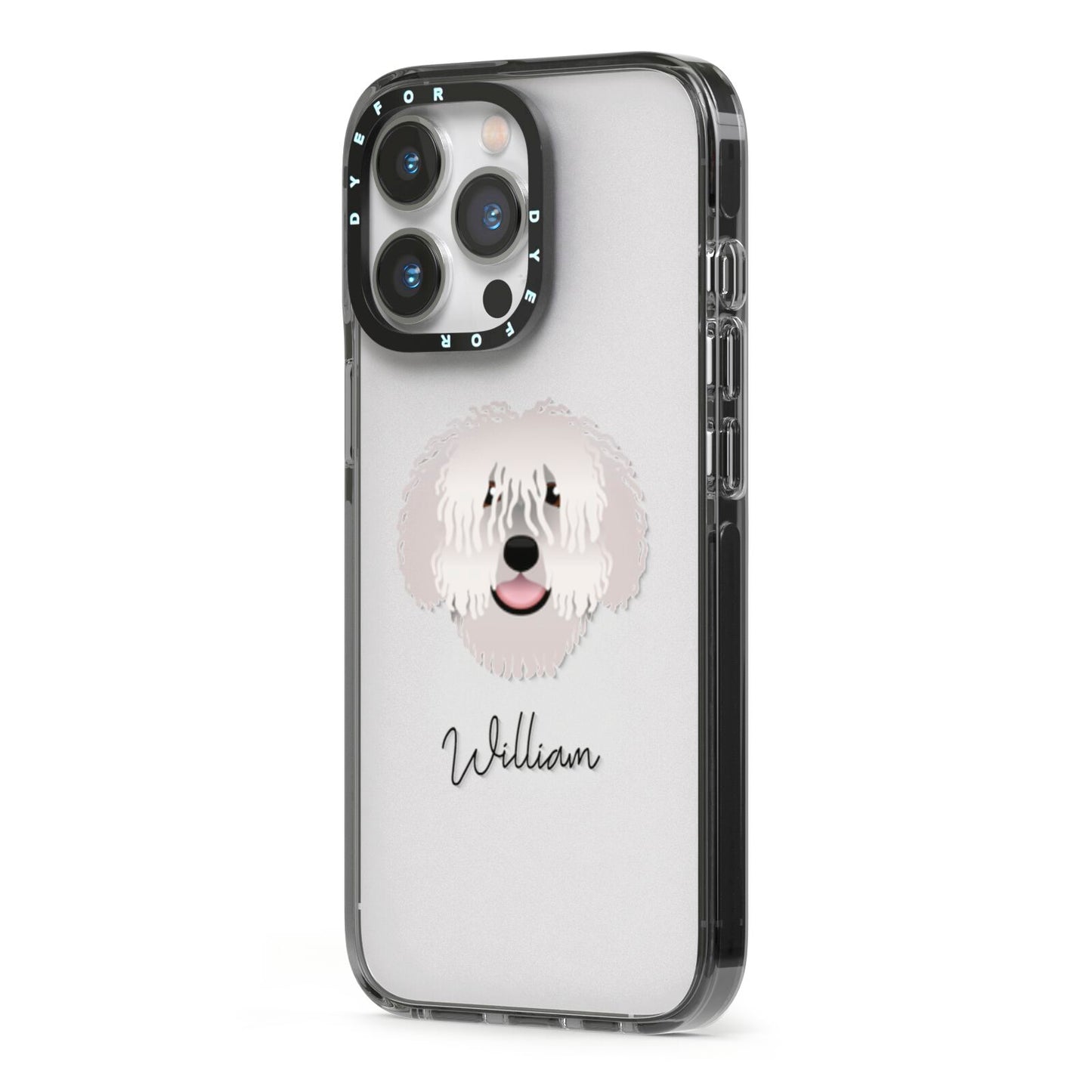 Spanish Water Dog Personalised iPhone 13 Pro Black Impact Case Side Angle on Silver phone