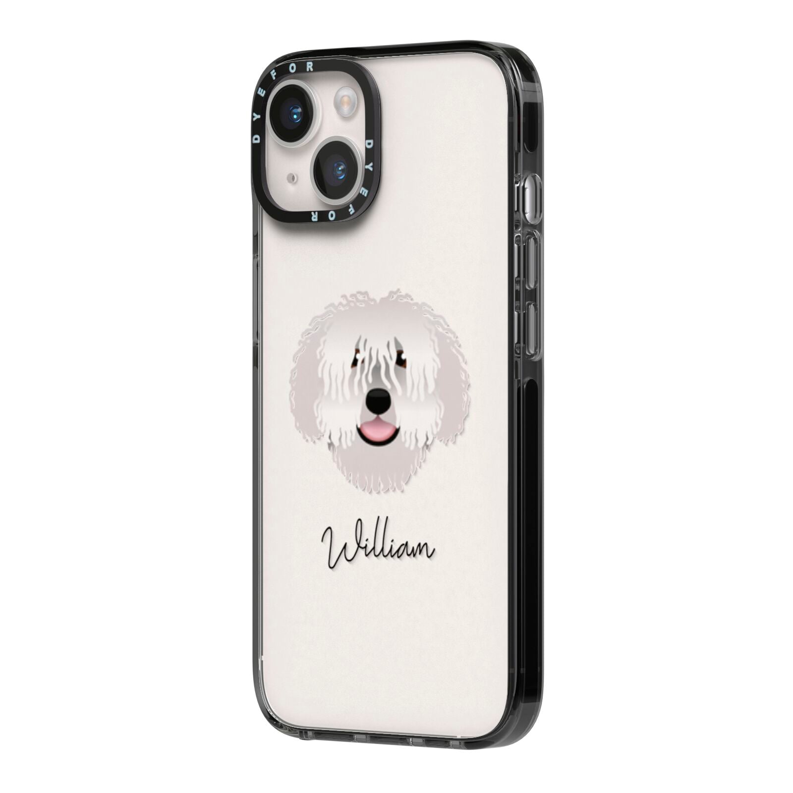 Spanish Water Dog Personalised iPhone 14 Black Impact Case Side Angle on Silver phone