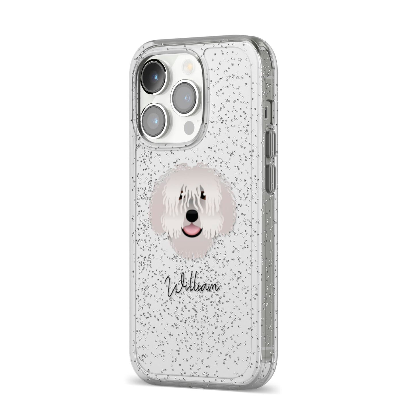 Spanish Water Dog Personalised iPhone 14 Pro Glitter Tough Case Silver Angled Image