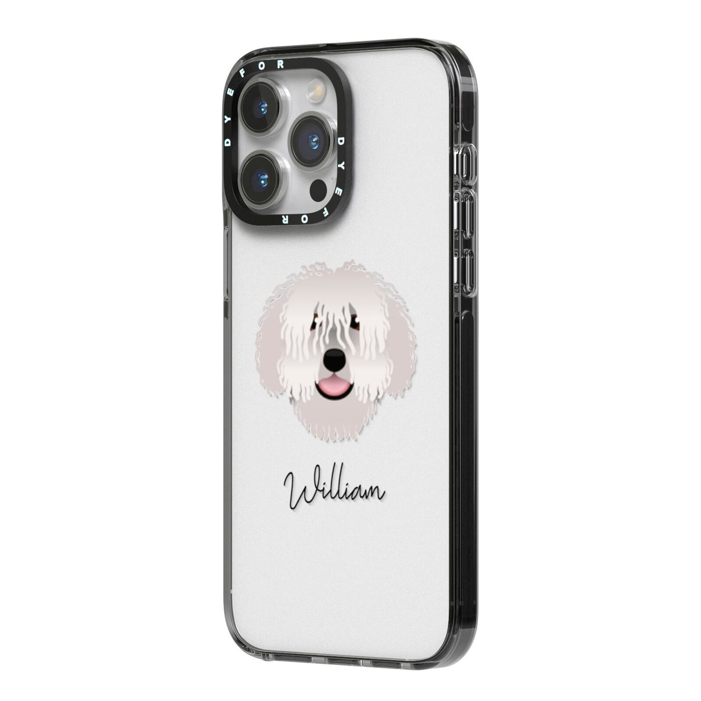 Spanish Water Dog Personalised iPhone 14 Pro Max Black Impact Case Side Angle on Silver phone