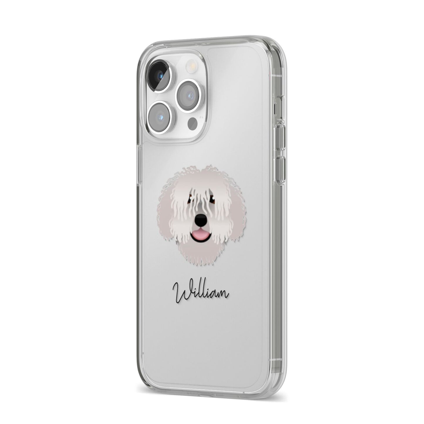 Spanish Water Dog Personalised iPhone 14 Pro Max Clear Tough Case Silver Angled Image