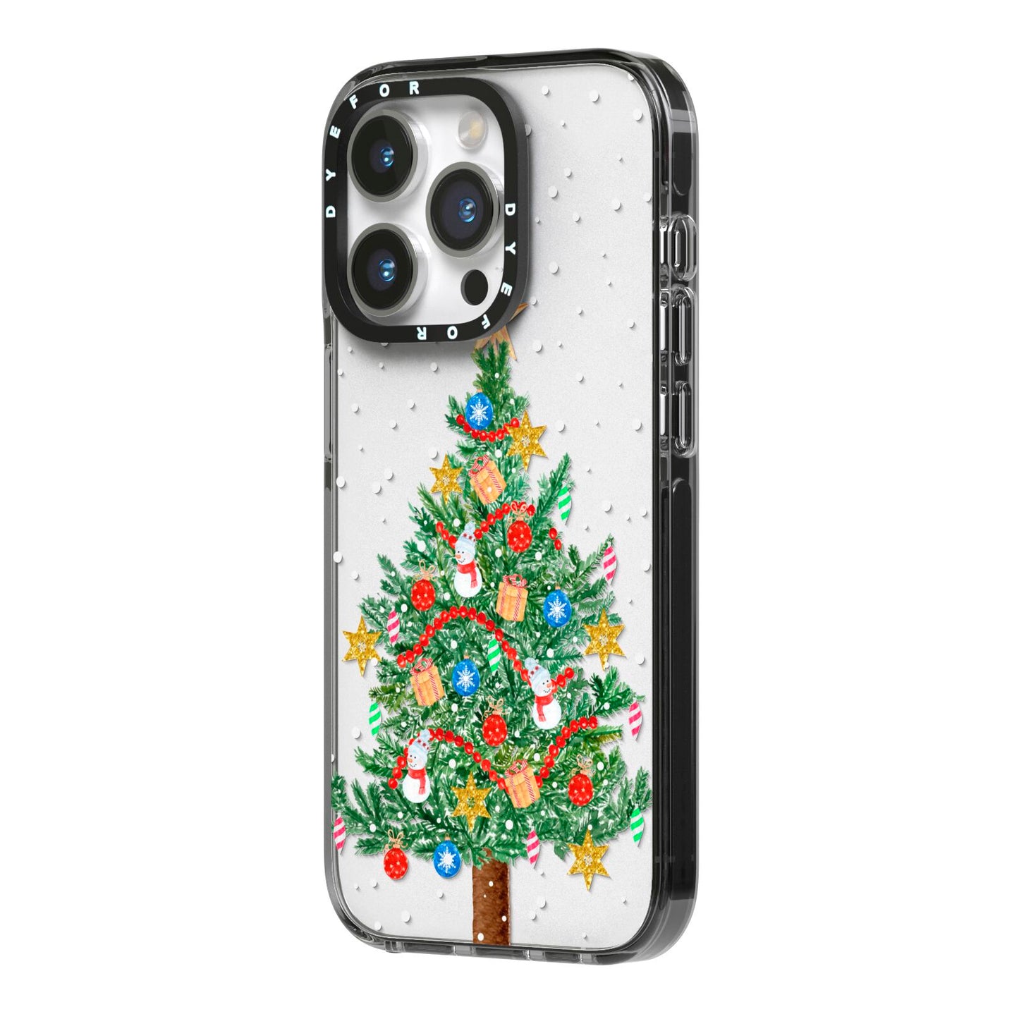 Sparkling Christmas Tree iPhone 14 Pro Black Impact Case Side Angle on Silver phone