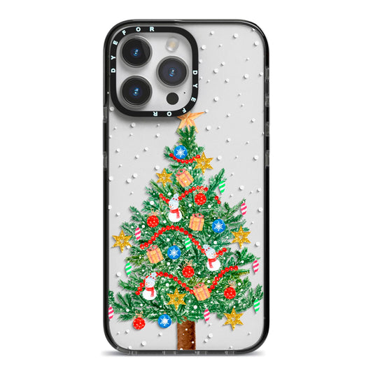 Sparkling Christmas Tree iPhone 14 Pro Max Black Impact Case on Silver phone