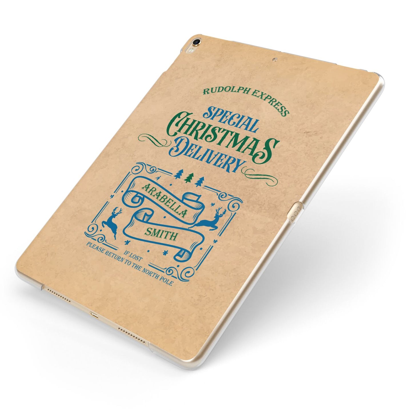 Special Christmas Delivery Personalised Apple iPad Case on Gold iPad Side View