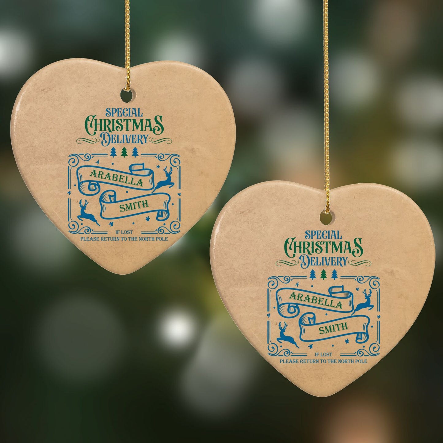 Special Christmas Delivery Personalised Heart Decoration on Christmas Background